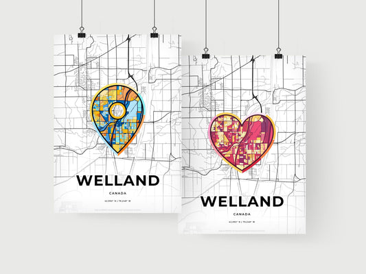 WELLAND CANADA minimal art map with a colorful icon. Where it all began, Couple map gift.