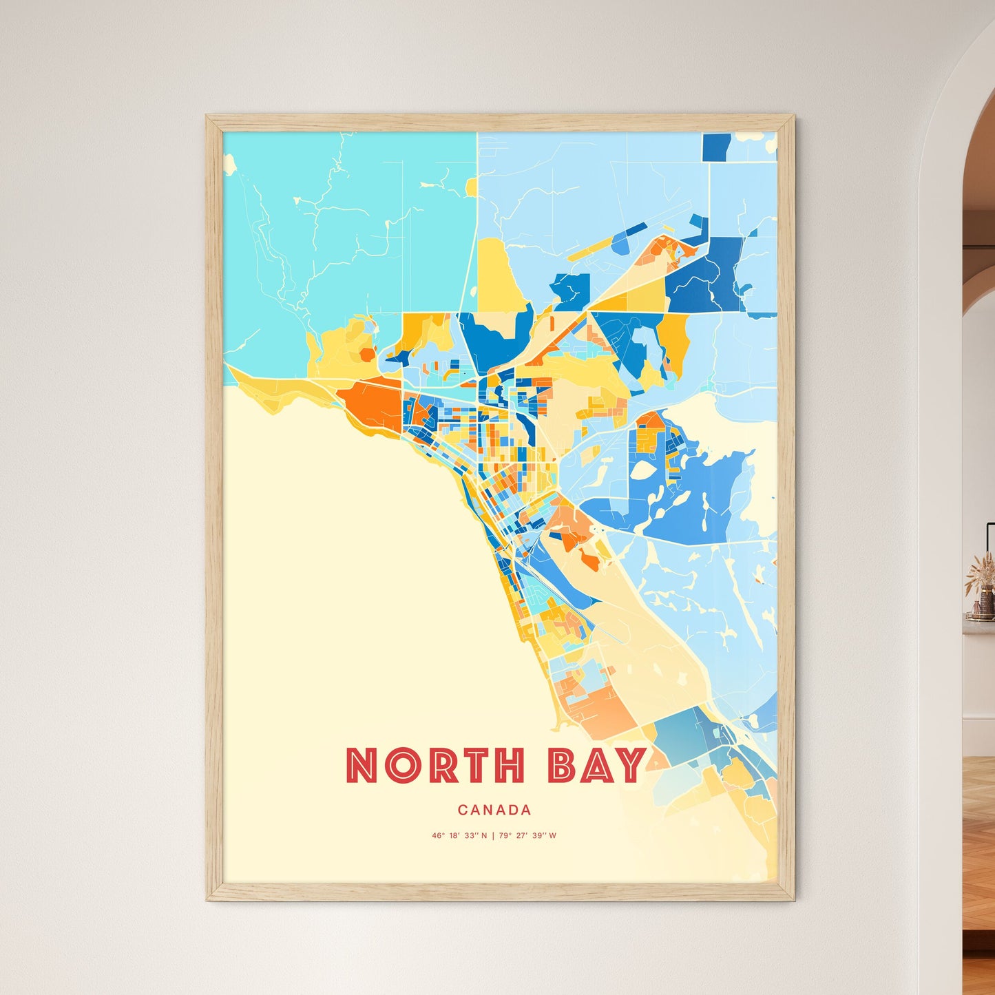 Colorful NORTH BAY CANADA Fine Art Map Blue Orange