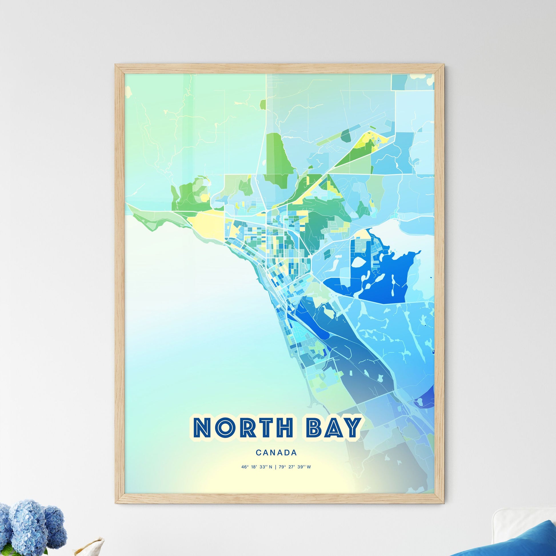 Colorful NORTH BAY CANADA Fine Art Map Cool Blue