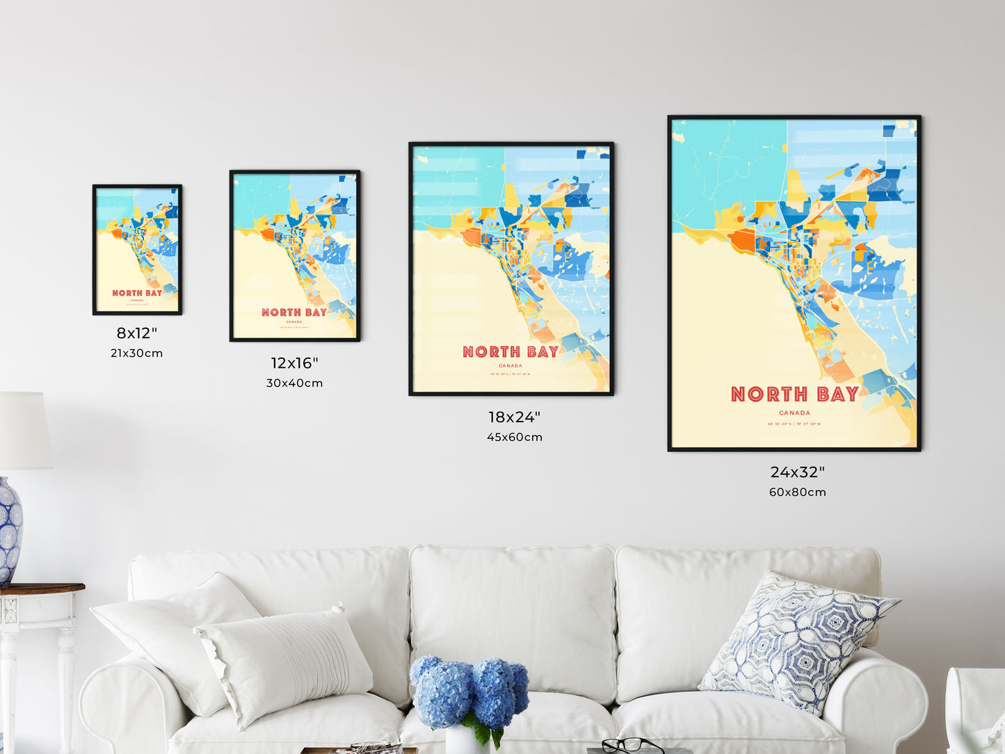 Colorful NORTH BAY CANADA Fine Art Map Blue Orange