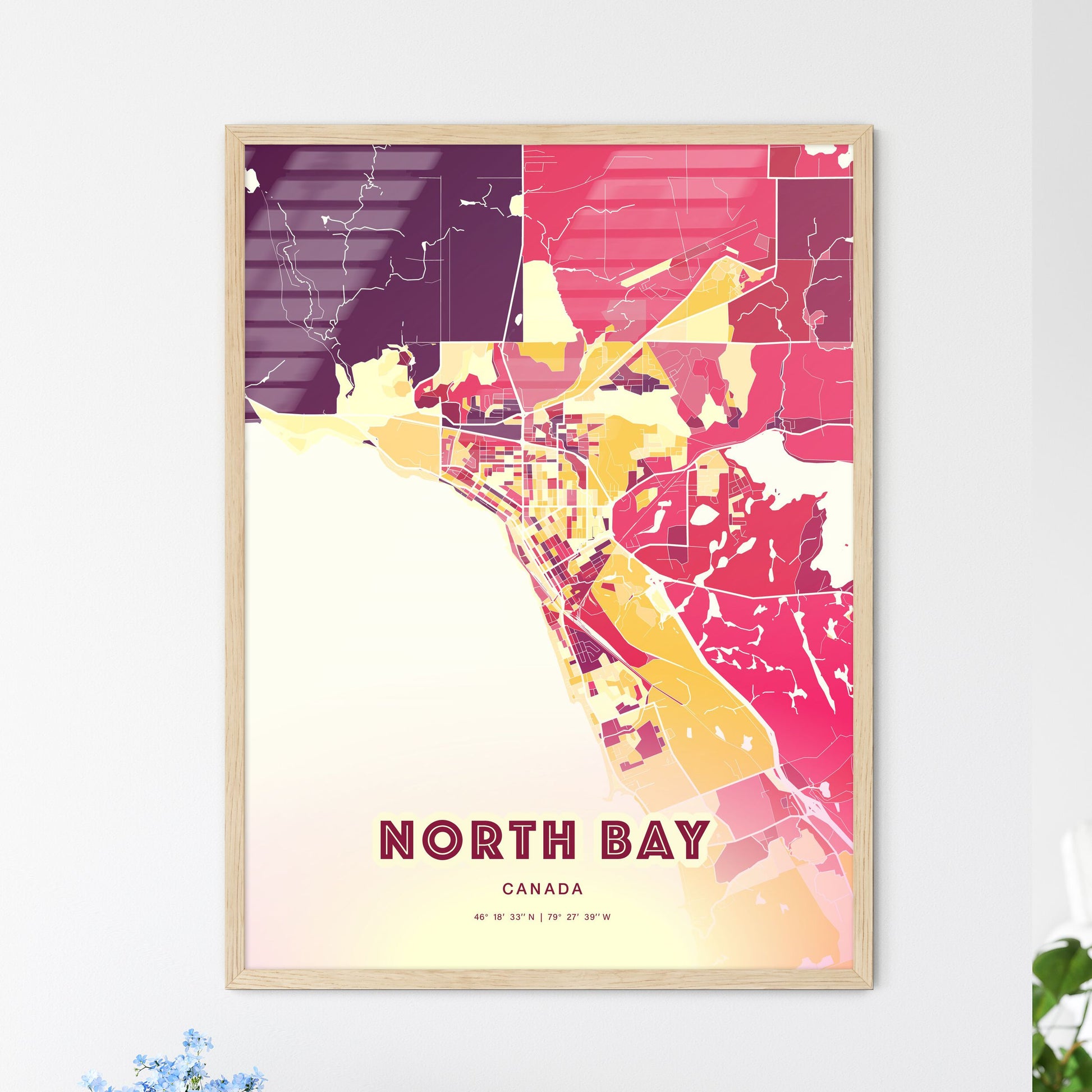 Colorful NORTH BAY CANADA Fine Art Map Hot Red