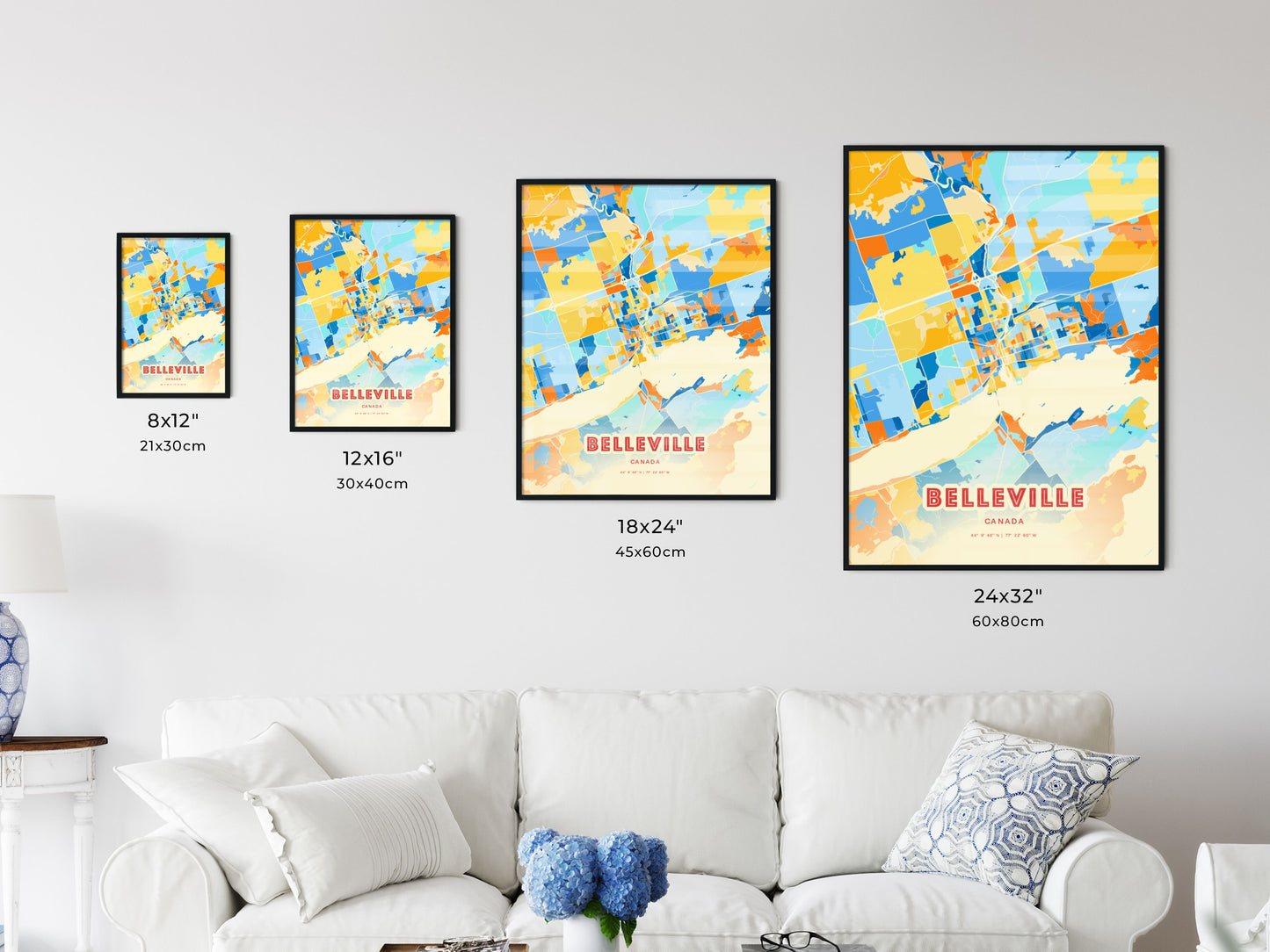 Colorful BELLEVILLE CANADA Fine Art Map Blue Orange