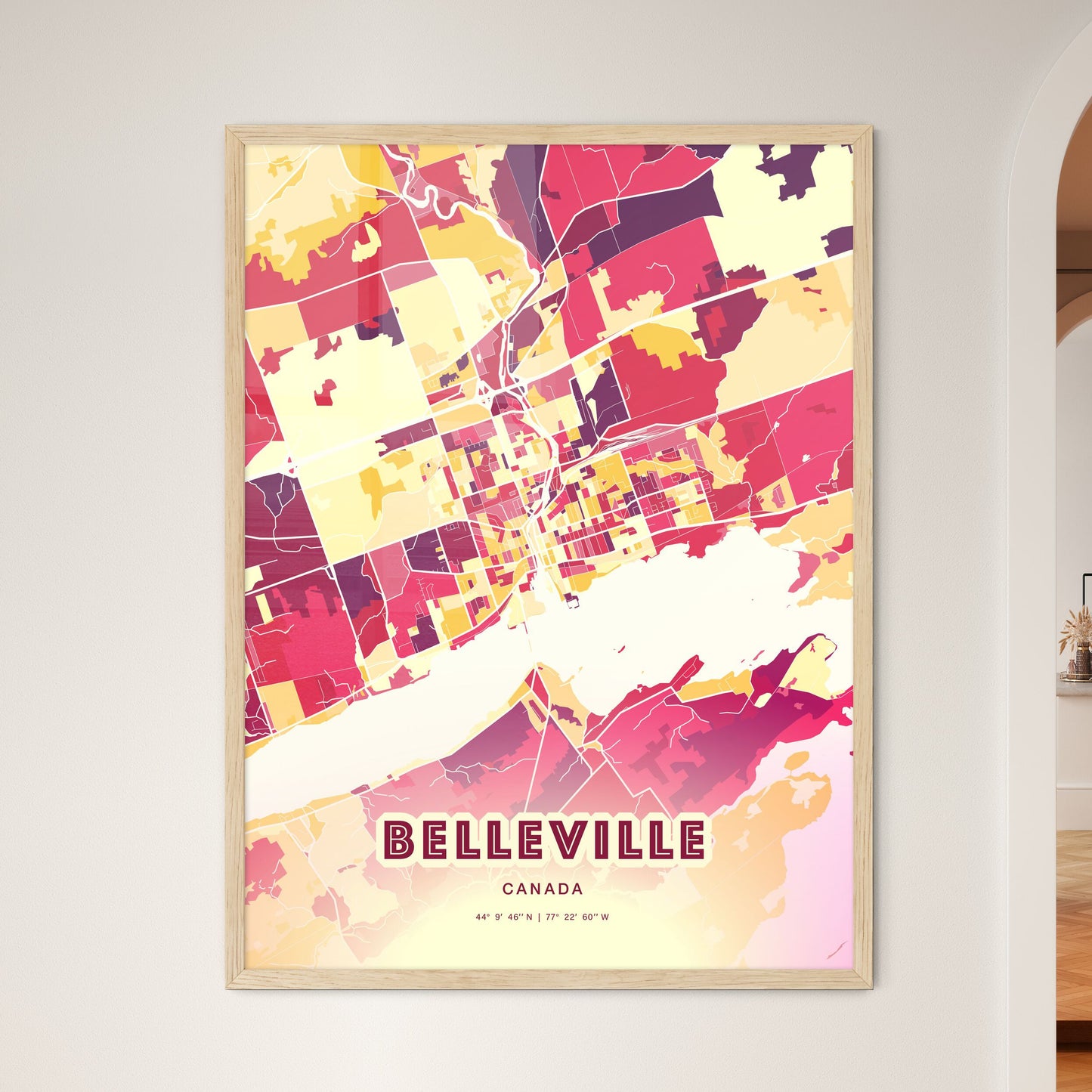 Colorful BELLEVILLE CANADA Fine Art Map Hot Red