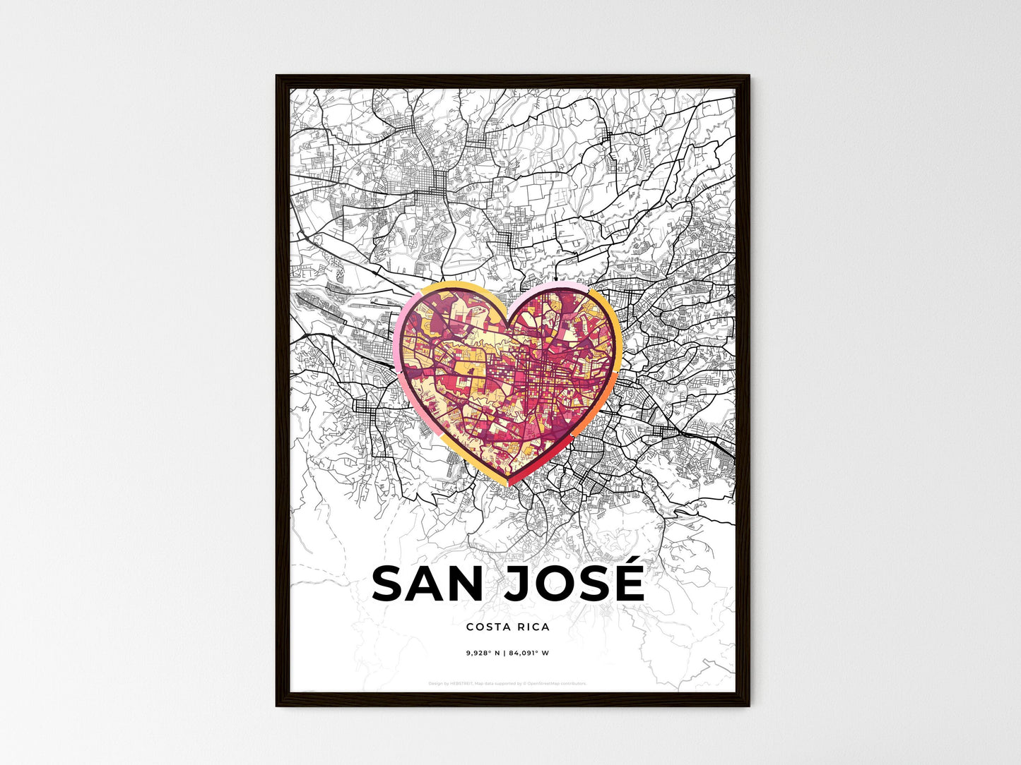 San José Costa Rica wedding art map with heart icon