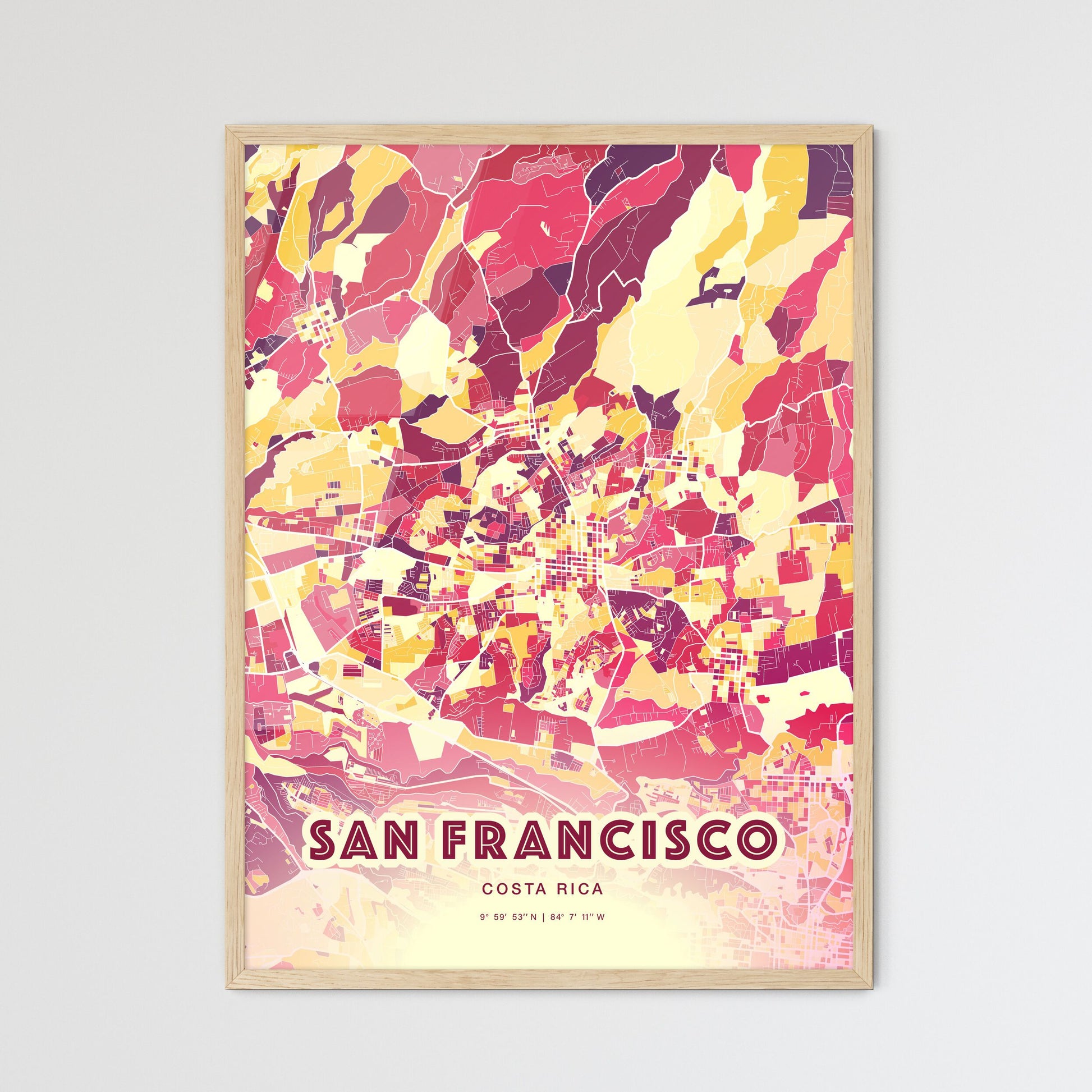 Colorful SAN FRANCISCO COSTA RICA Fine Art Map Hot Red