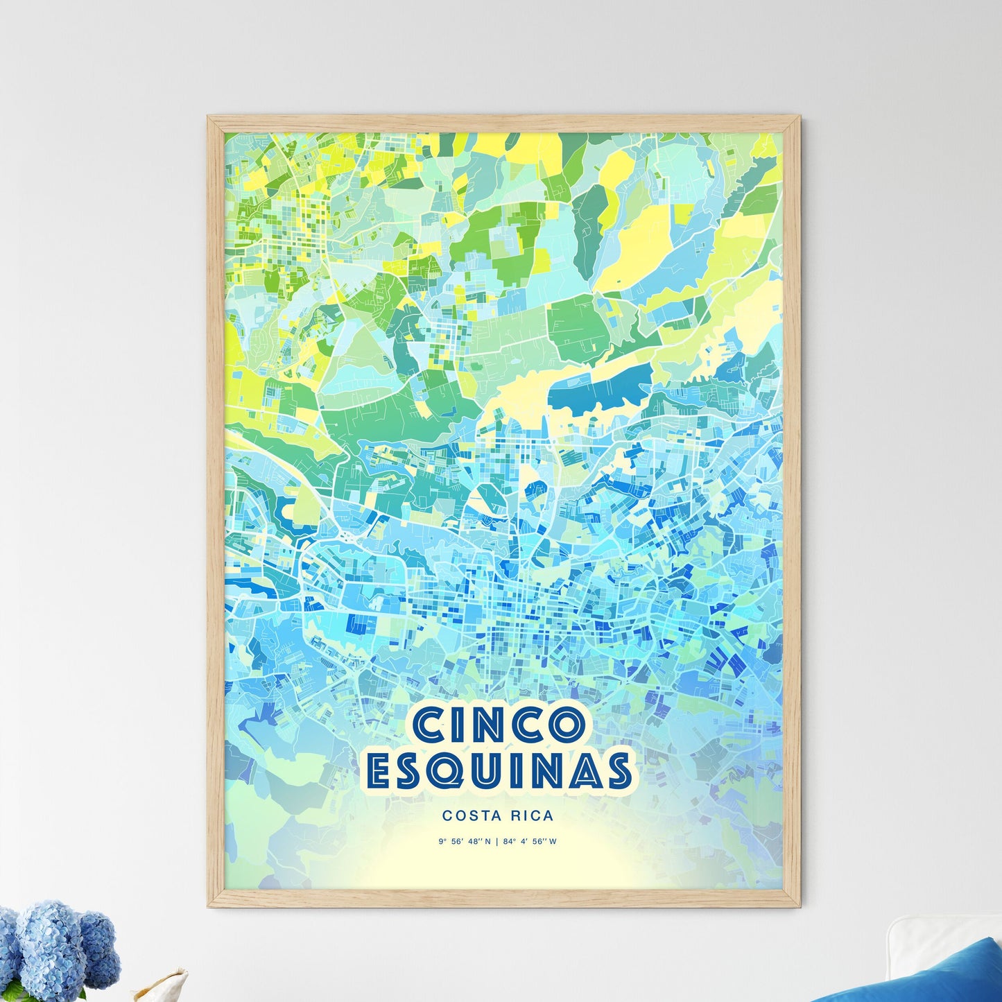 Colorful CINCO ESQUINAS COSTA RICA Fine Art Map Cool Blue