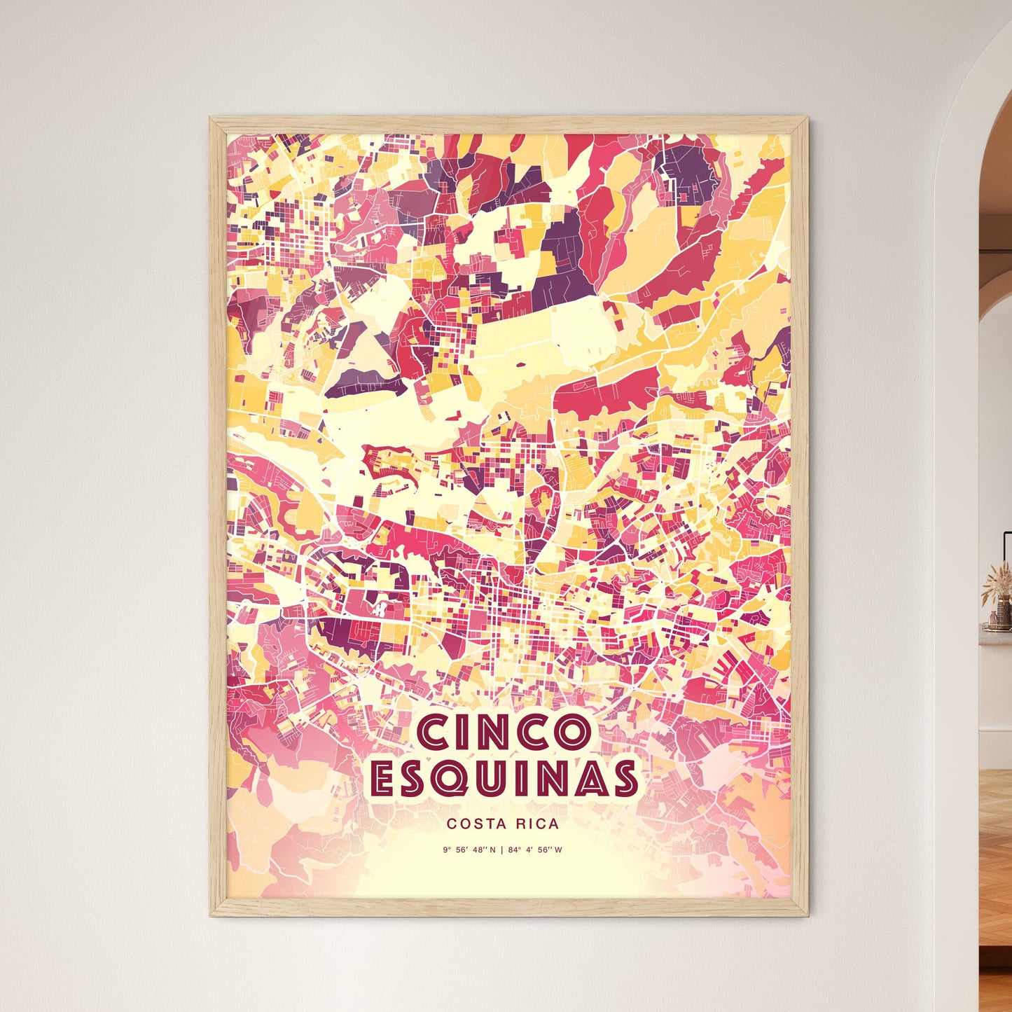 Colorful CINCO ESQUINAS COSTA RICA Fine Art Map Hot Red