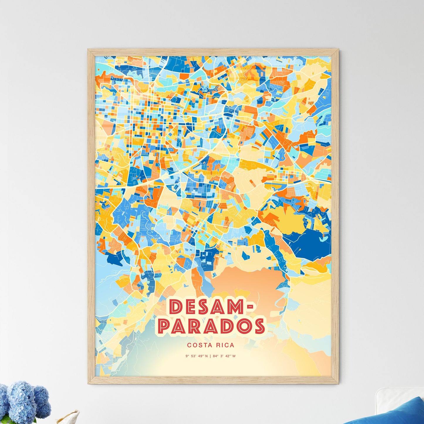 Colorful DESAMPARADOS COSTA RICA Fine Art Map Blue Orange