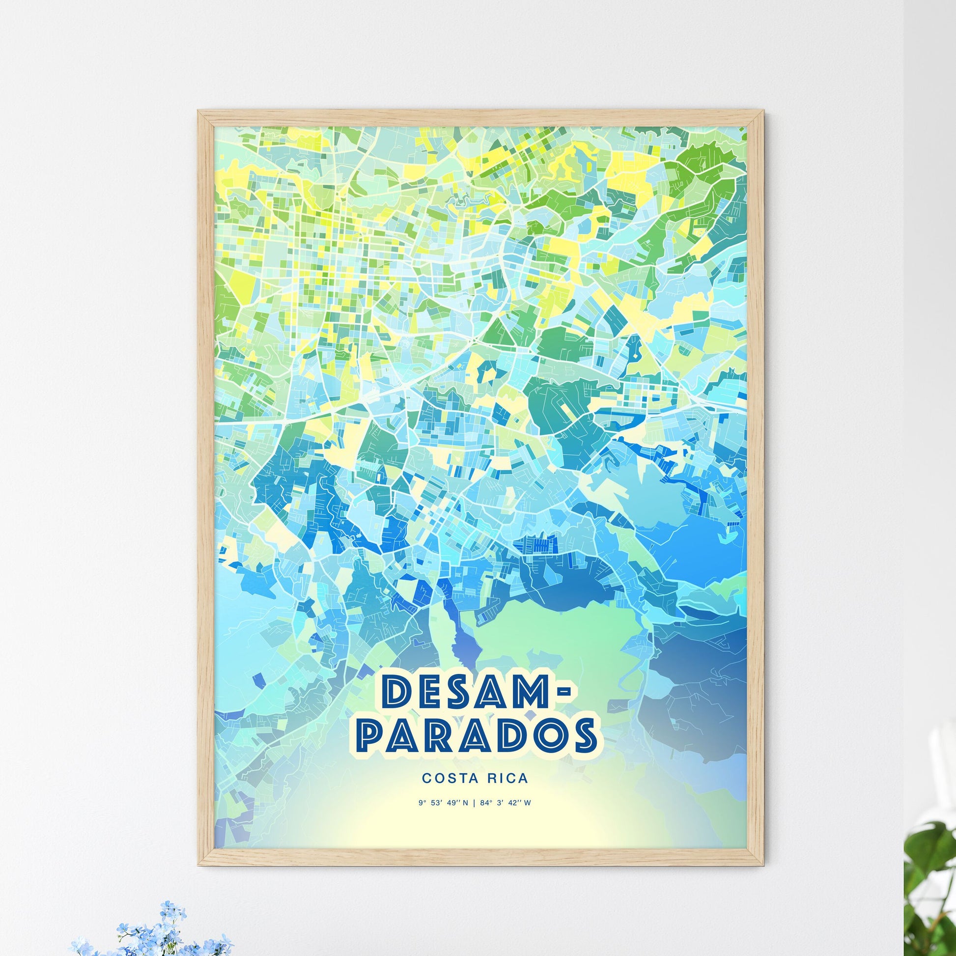 Colorful DESAMPARADOS COSTA RICA Fine Art Map Cool Blue