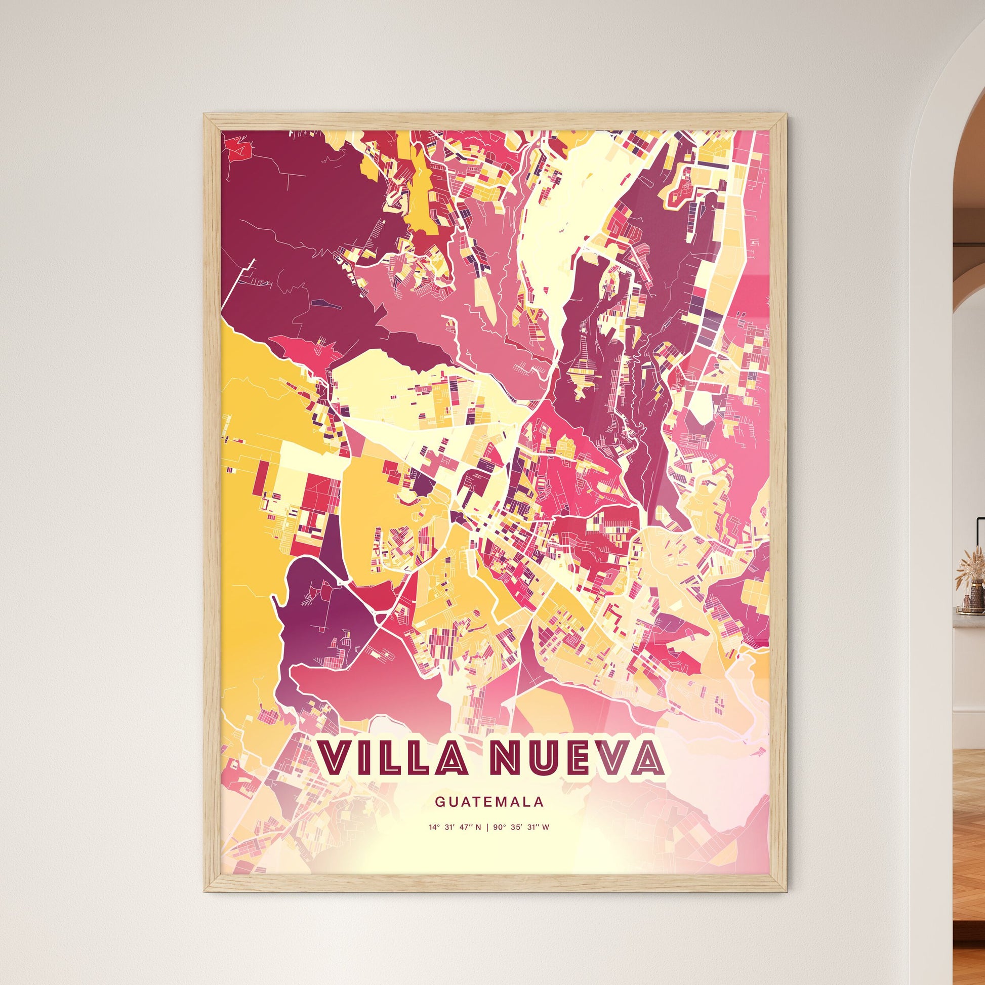 Colorful VILLA NUEVA GUATEMALA Fine Art Map Hot Red