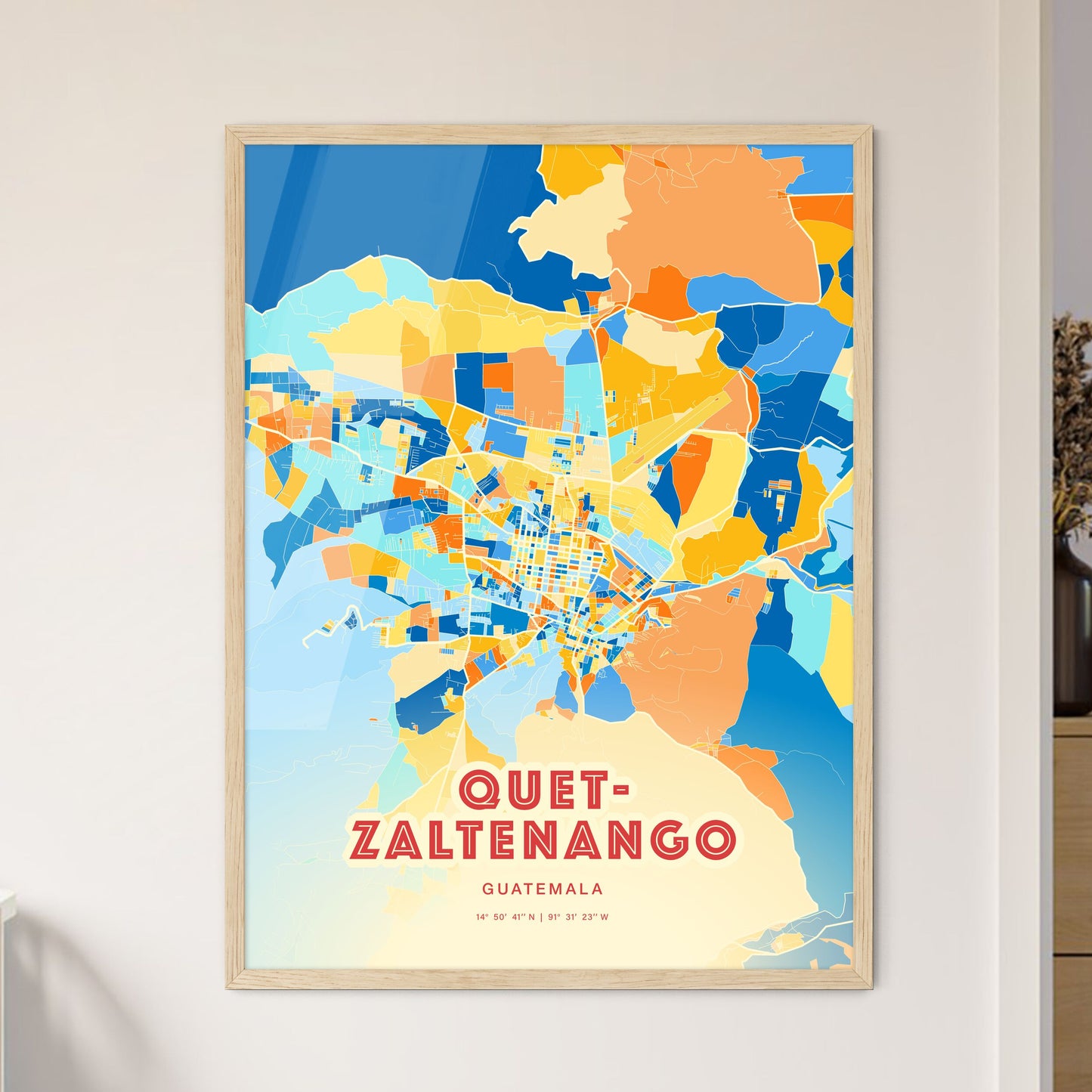 Colorful QUETZALTENANGO GUATEMALA Fine Art Map Blue Orange