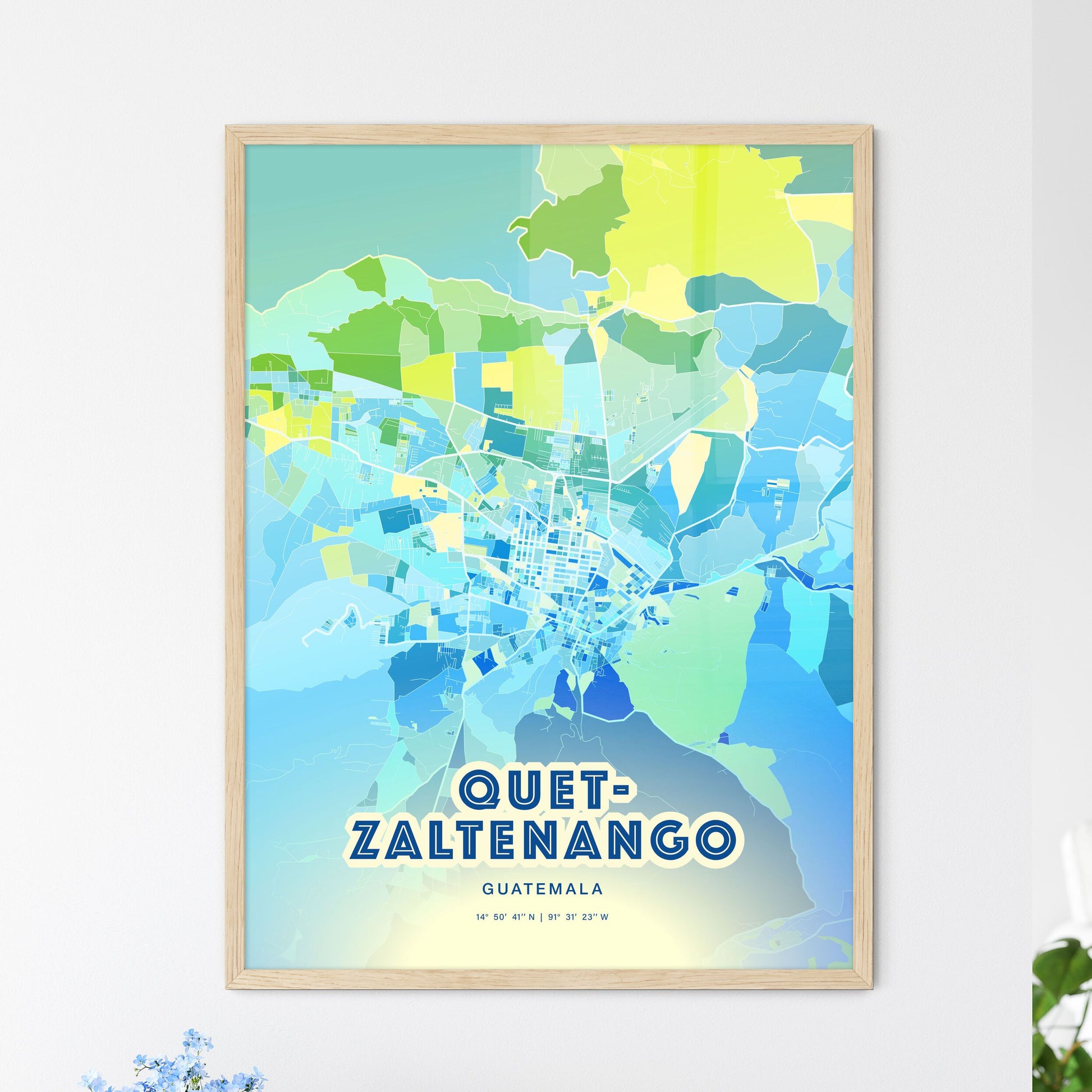 Colorful QUETZALTENANGO GUATEMALA Fine Art Map Cool Blue
