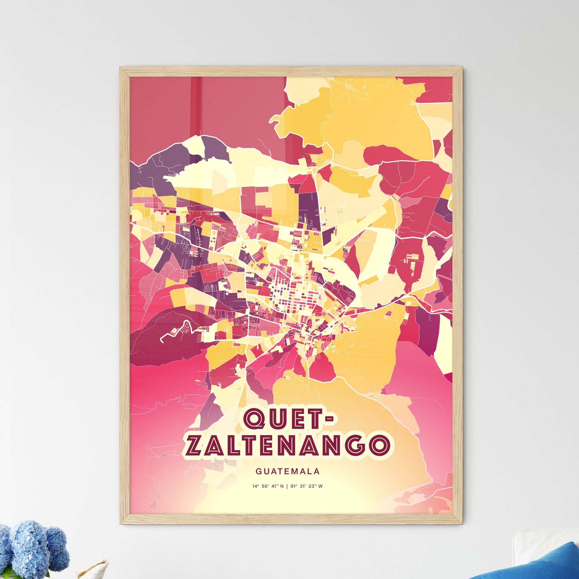 Colorful QUETZALTENANGO GUATEMALA Fine Art Map Hot Red