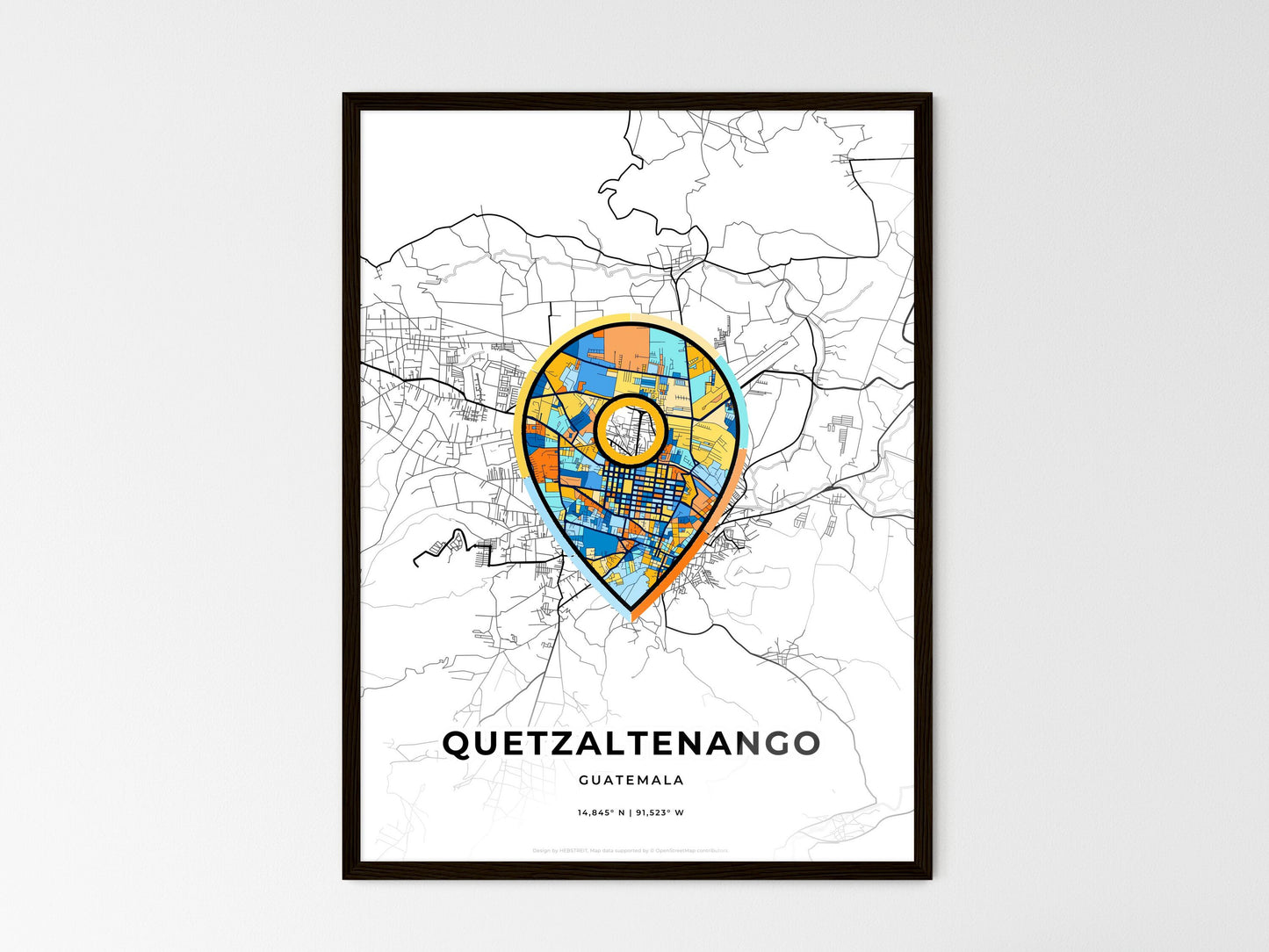 Quetzaltenango Guatemala wedding art map with pointer icon