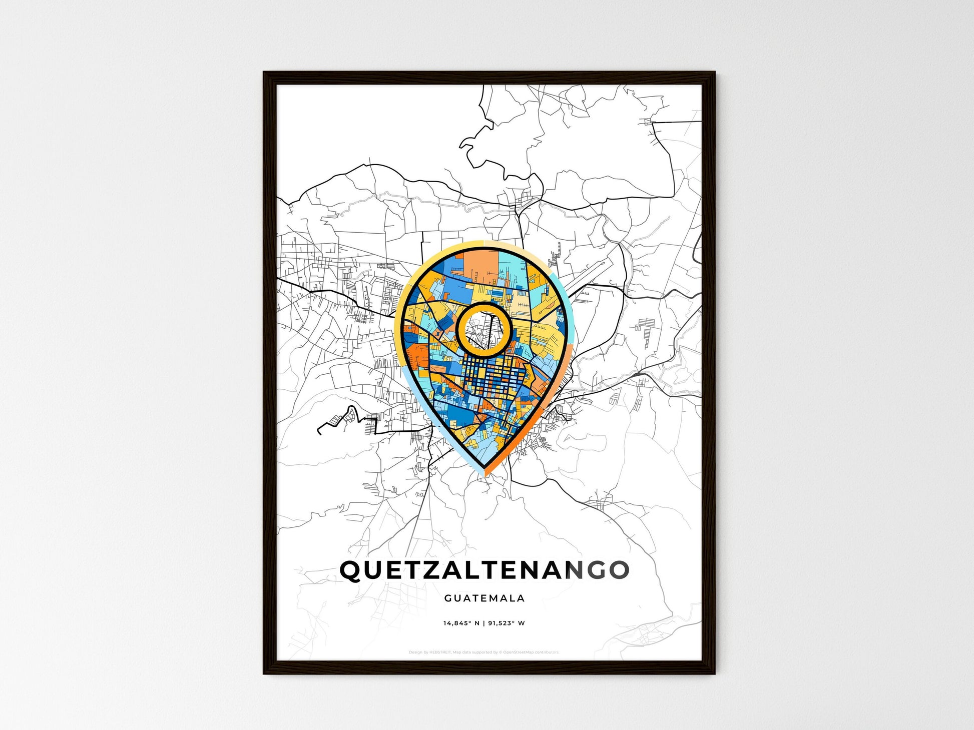 Quetzaltenango Guatemala wedding art map with pointer icon