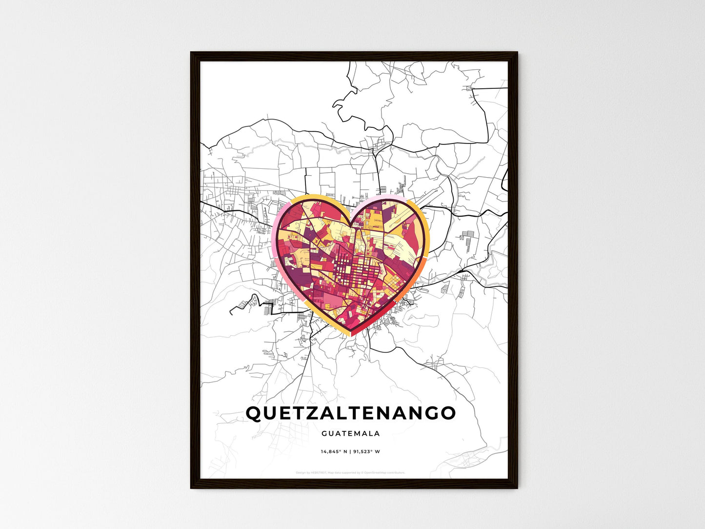 Quetzaltenango Guatemala wedding art map with heart icon