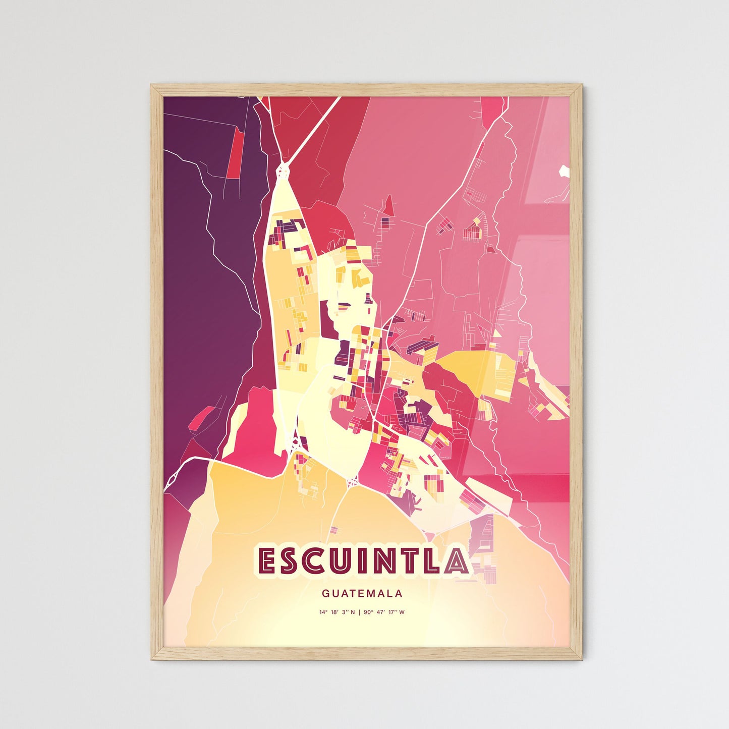 Colorful ESCUINTLA GUATEMALA Fine Art Map Hot Red