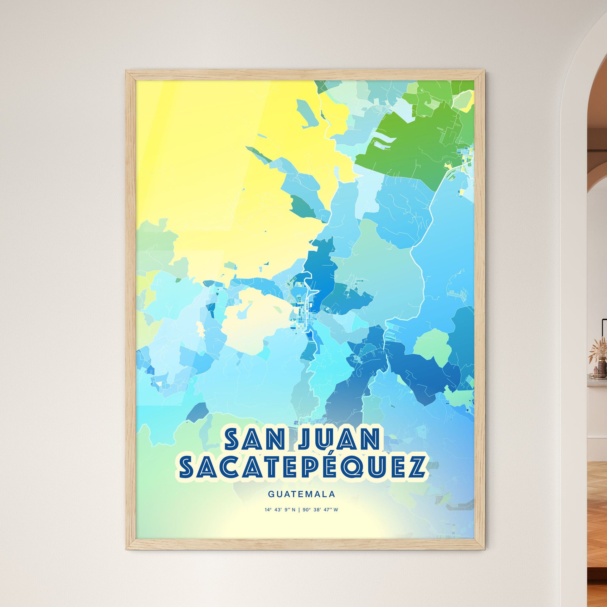 Colorful SAN JUAN SACATEPÉQUEZ GUATEMALA Fine Art Map Cool Blue