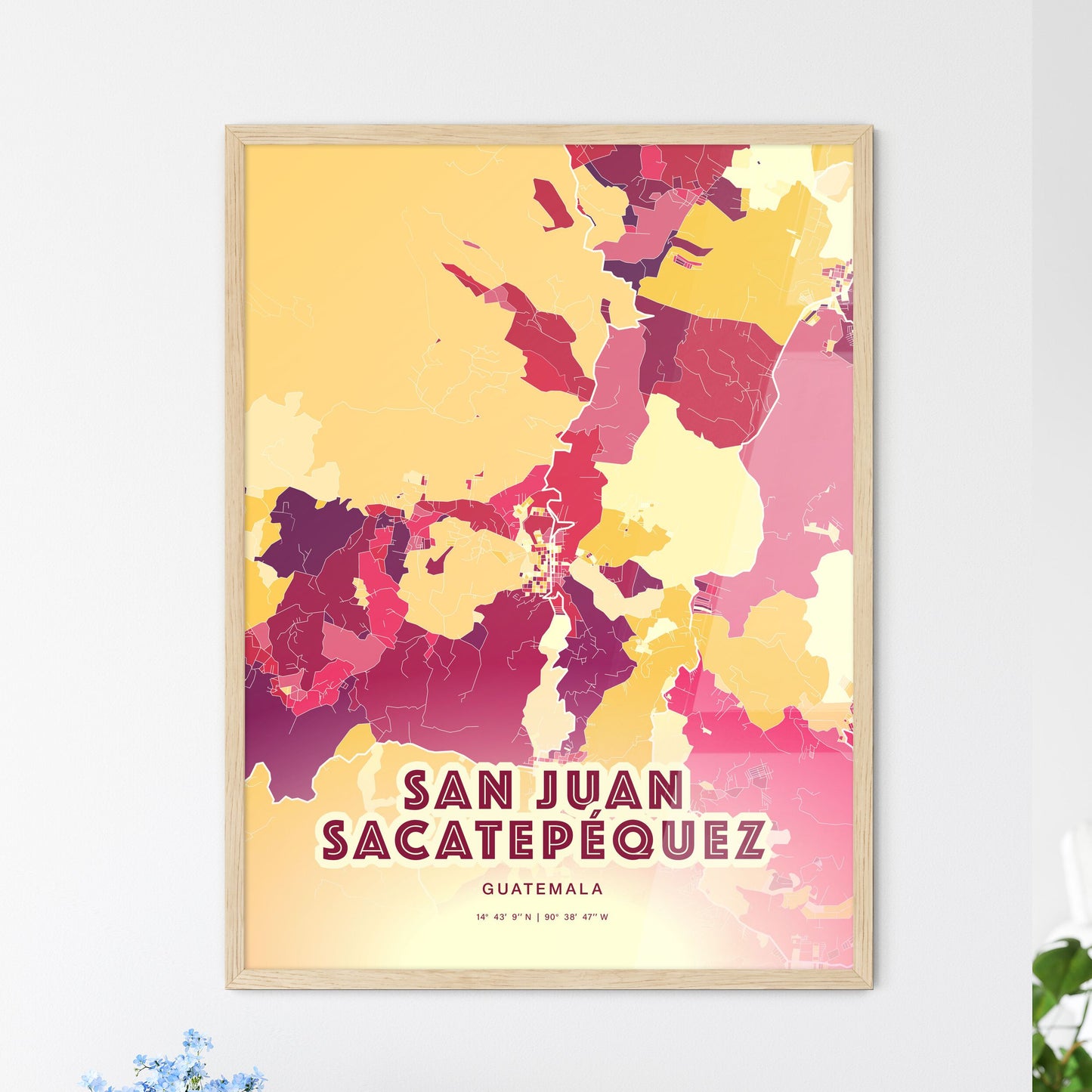 Colorful SAN JUAN SACATEPÉQUEZ GUATEMALA Fine Art Map Hot Red