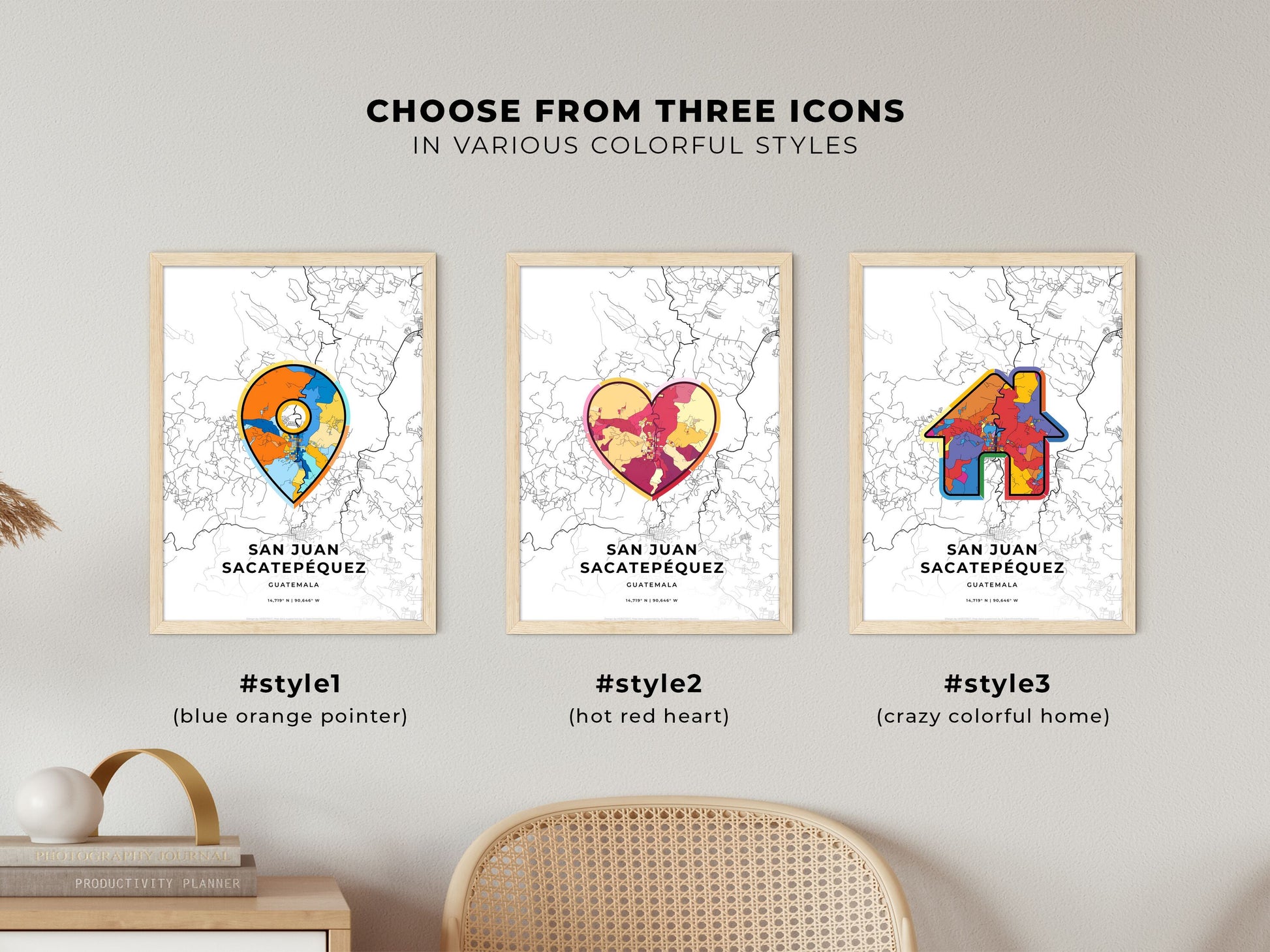 San Juan Sacatepéquez Guatemala maps with colorful icons