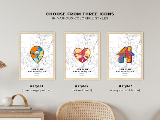 San Juan Sacatepéquez Guatemala maps with colorful icons