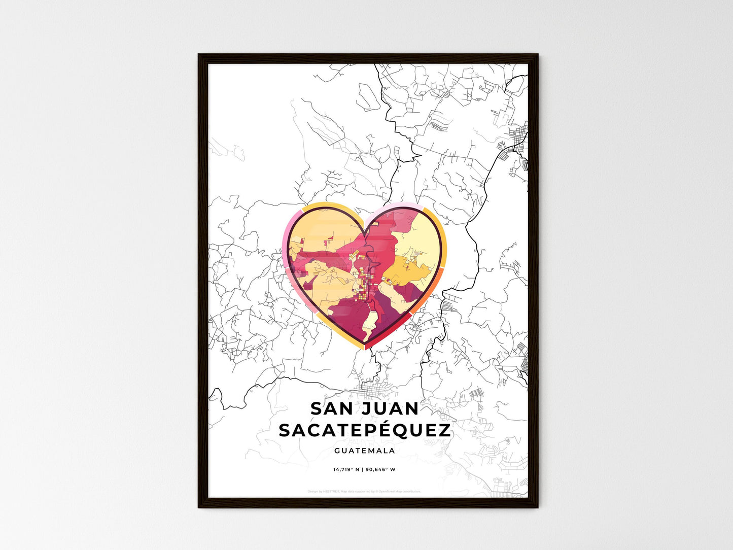 San Juan Sacatepéquez Guatemala wedding art map with heart icon