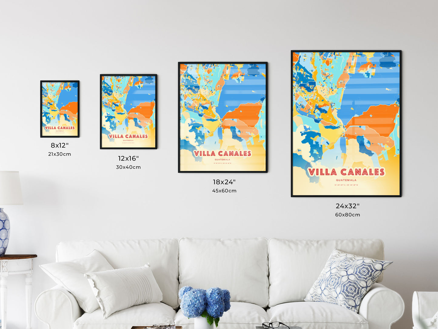 Colorful VILLA CANALES GUATEMALA Fine Art Map Blue Orange