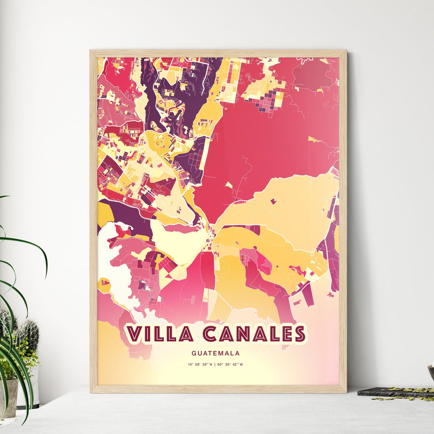 Colorful VILLA CANALES GUATEMALA Fine Art Map Hot Red