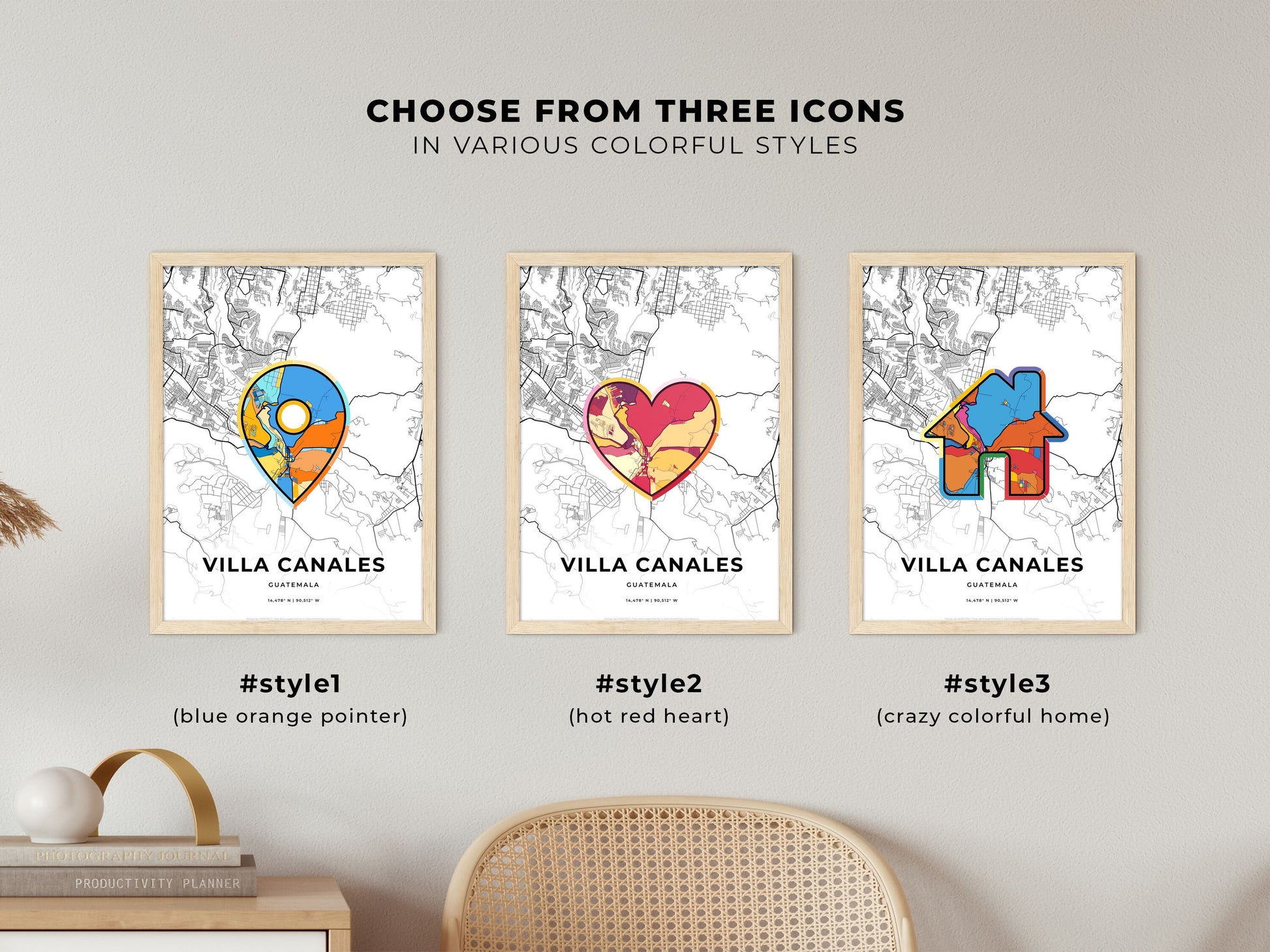 Villa Canales Guatemala maps with colorful icons