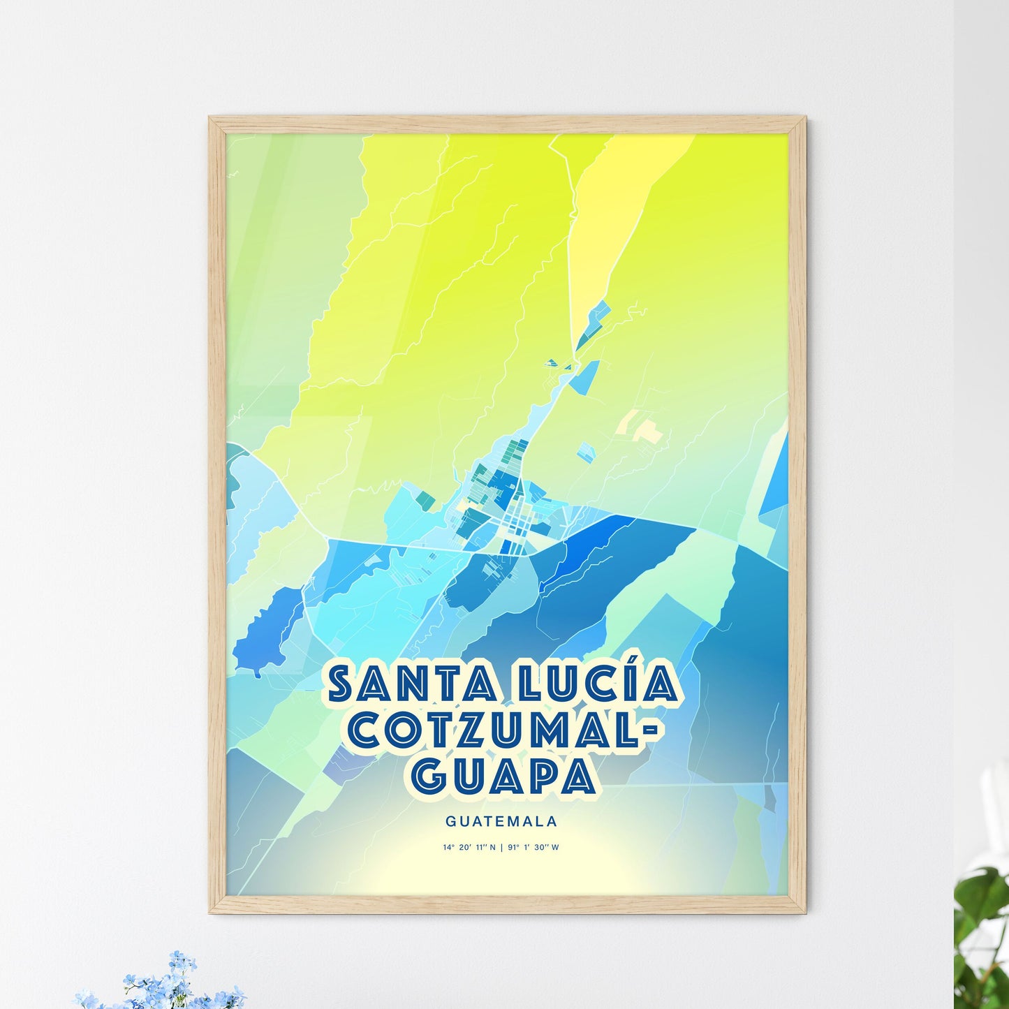 Colorful SANTA LUCÍA COTZUMALGUAPA GUATEMALA Fine Art Map Cool Blue