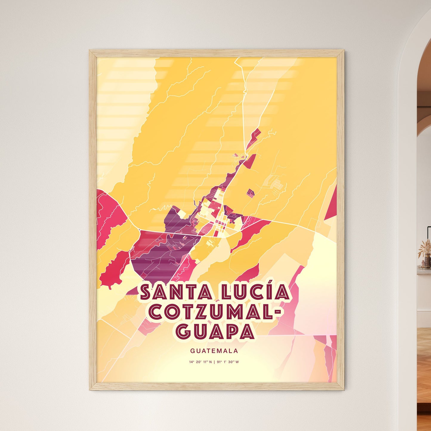 Colorful SANTA LUCÍA COTZUMALGUAPA GUATEMALA Fine Art Map Hot Red