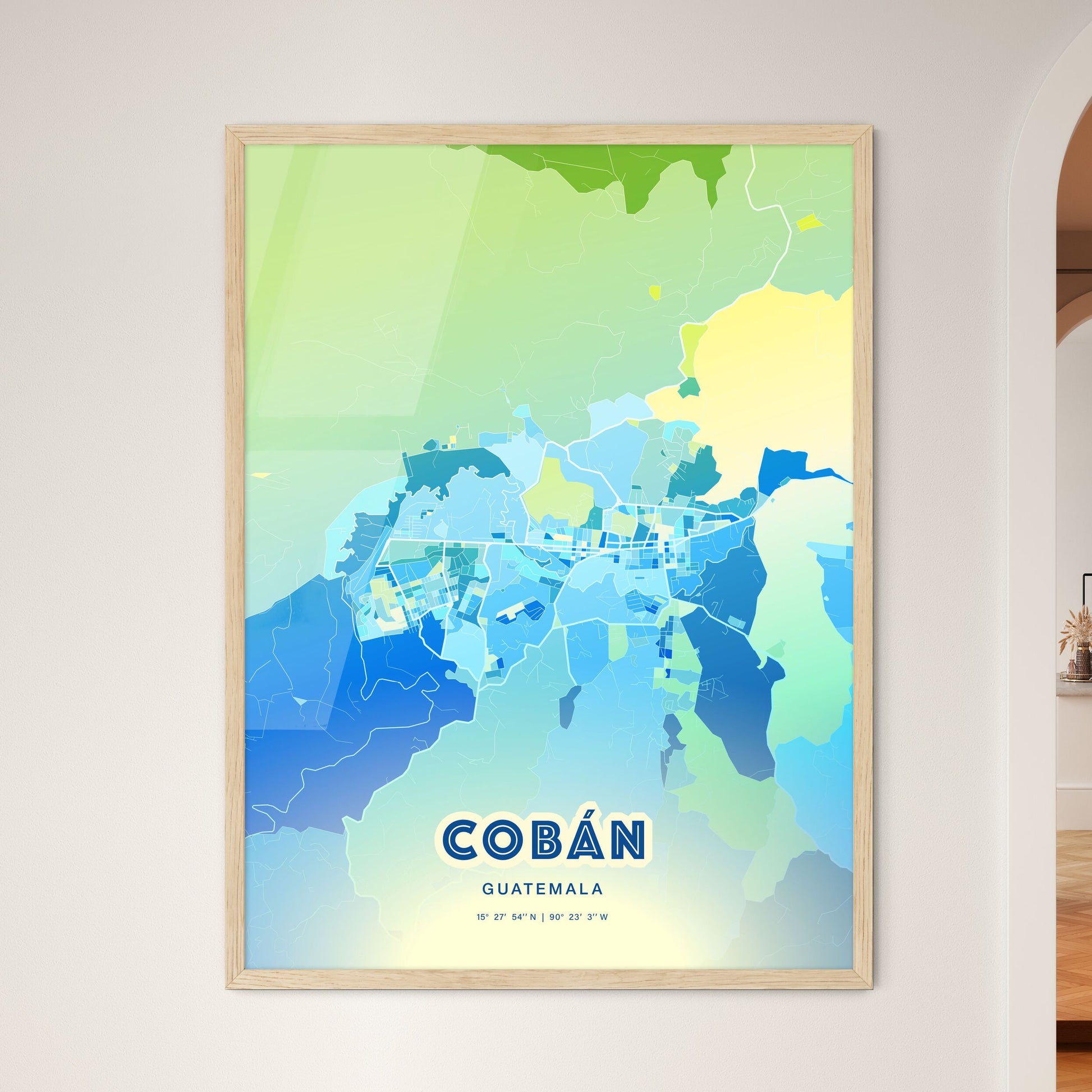 Colorful COBÁN GUATEMALA Fine Art Map Cool Blue