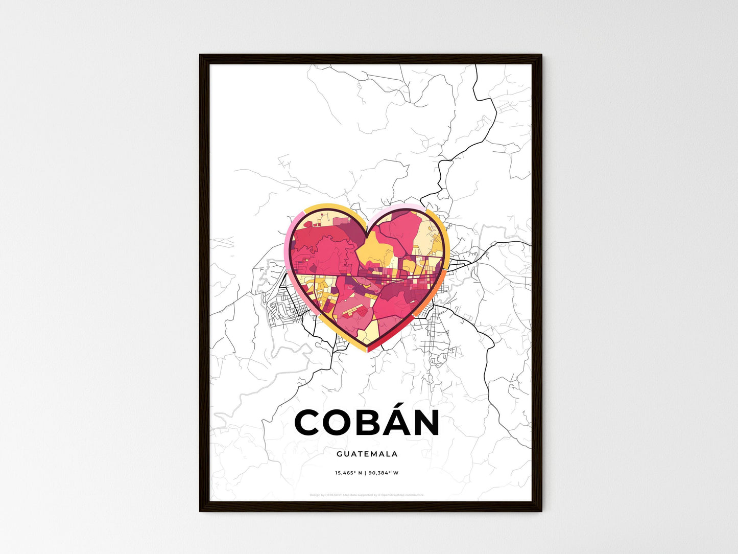 Cobán Guatemala wedding art map with heart icon