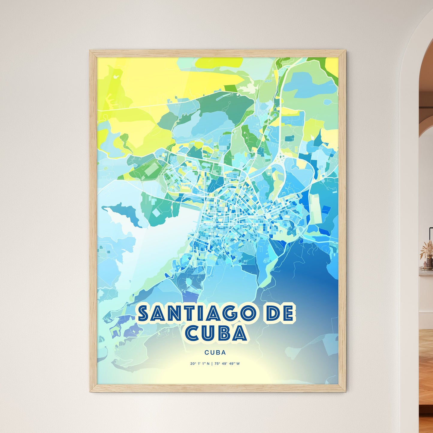 Colorful SANTIAGO DE CUBA CUBA Fine Art Map Cool Blue