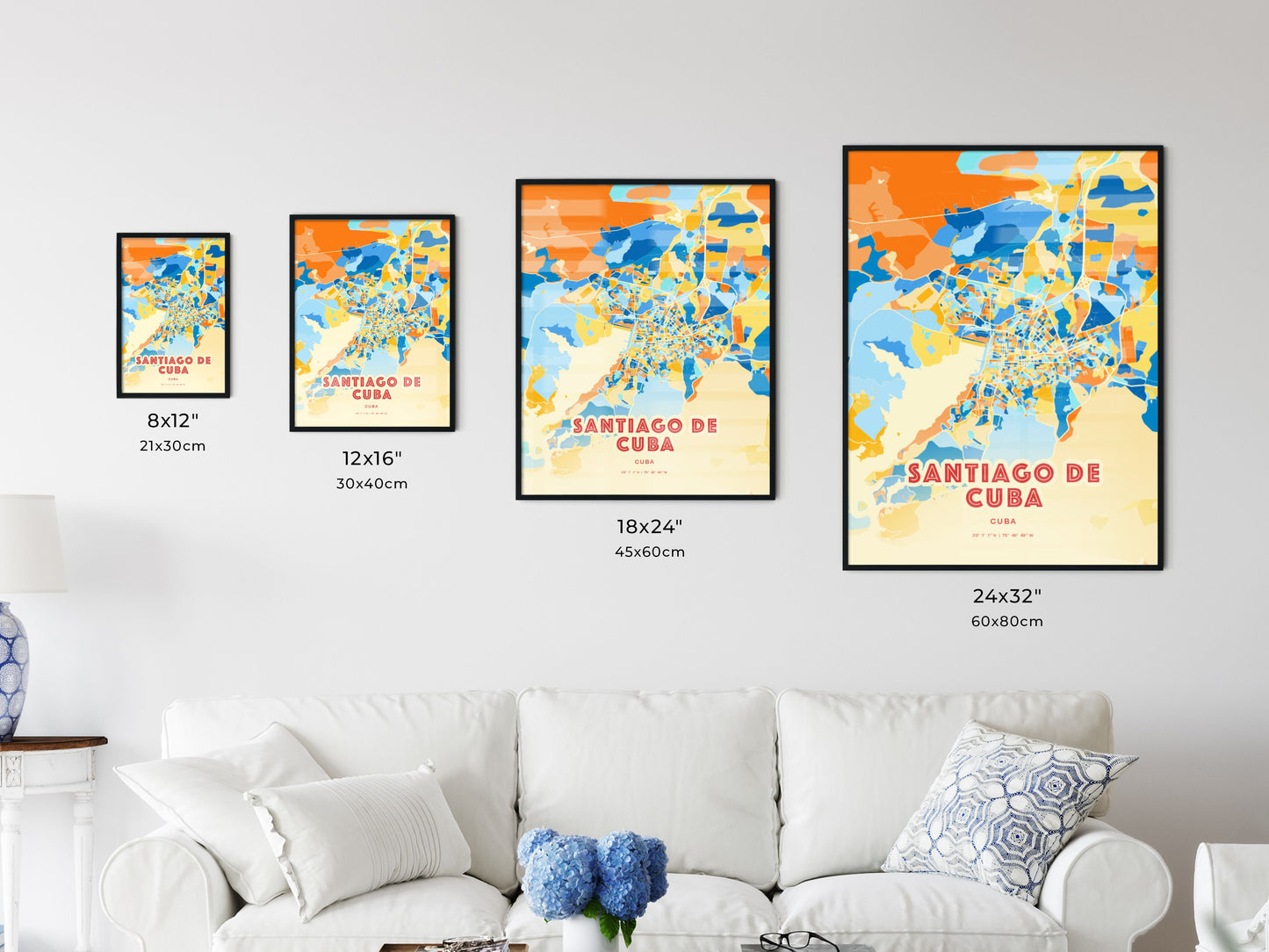 Colorful SANTIAGO DE CUBA CUBA Fine Art Map Blue Orange