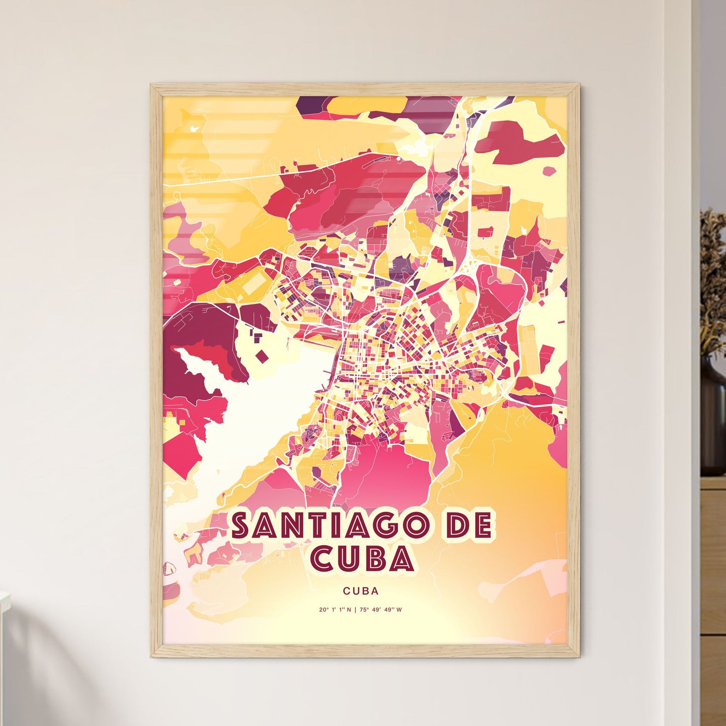 Colorful SANTIAGO DE CUBA CUBA Fine Art Map Hot Red