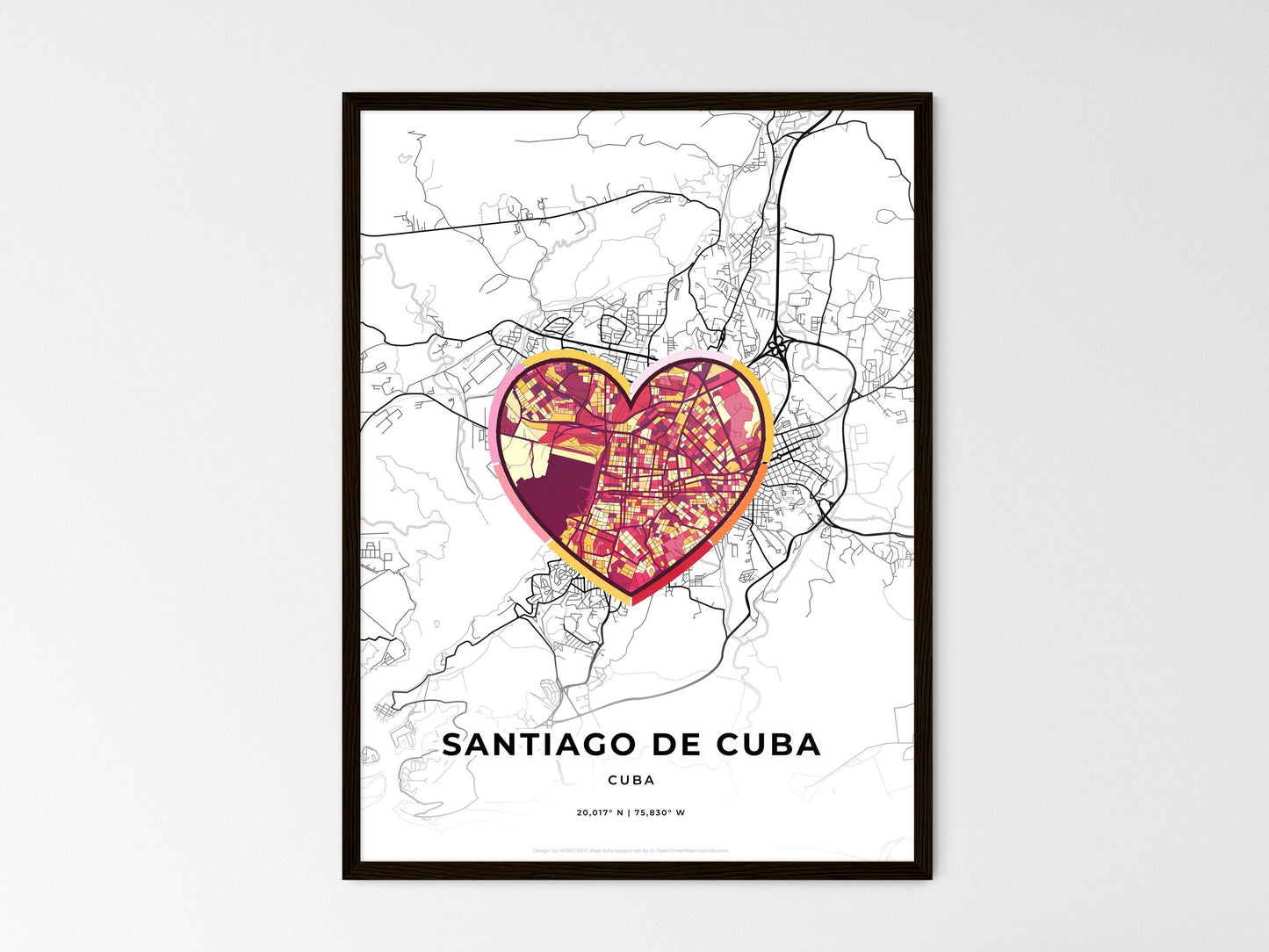 Santiago De Cuba Cuba wedding art map with heart icon