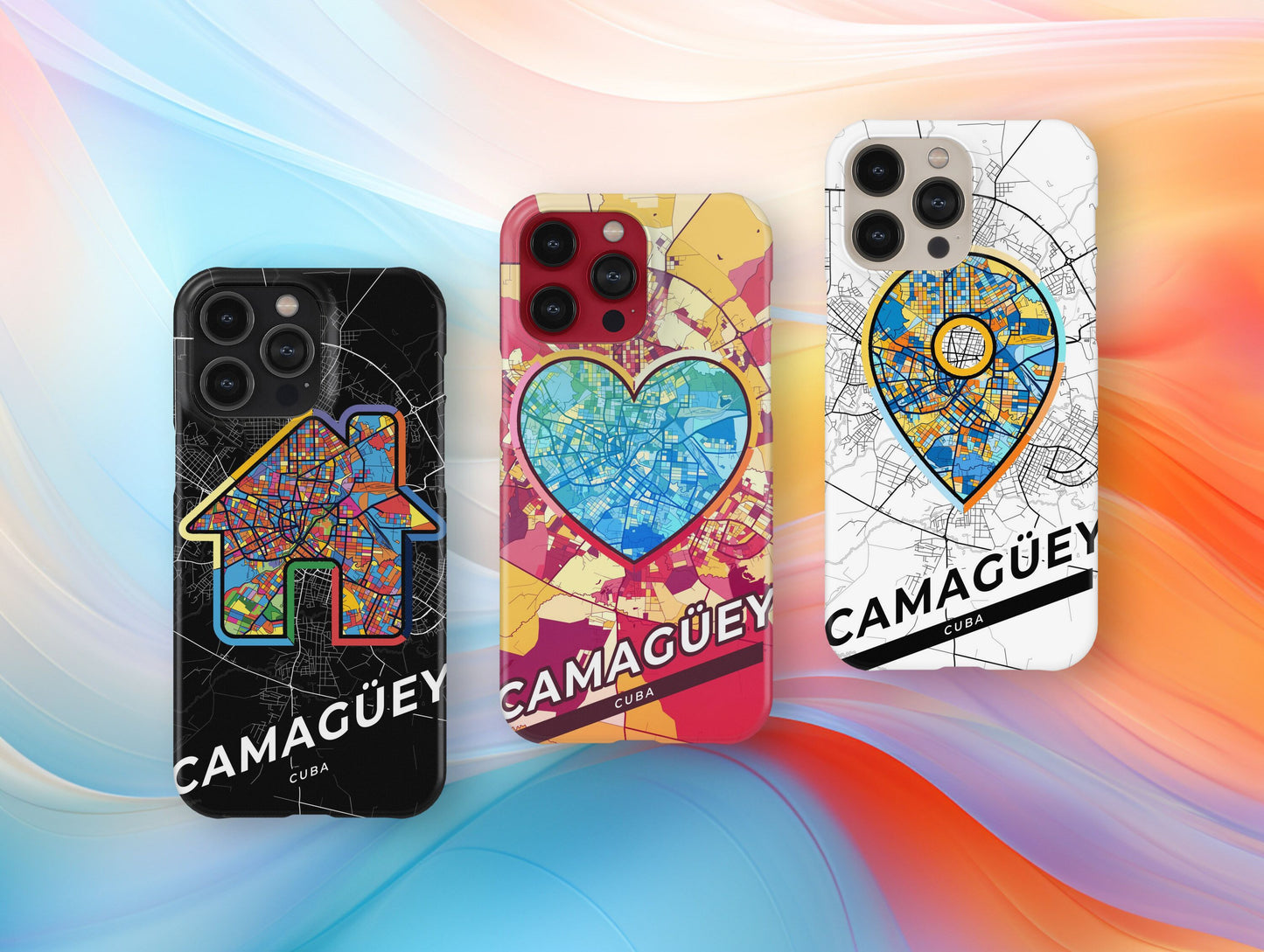 Camagüey Cuba slim phone case with colorful icon. Birthday, wedding or housewarming gift. Couple match cases.