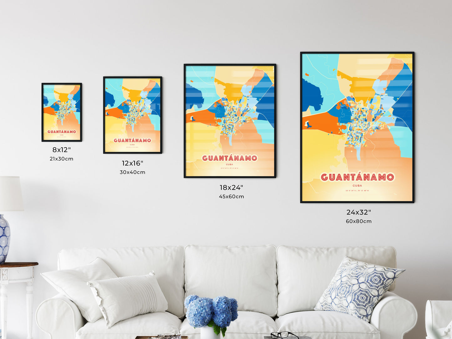 Colorful GUANTÁNAMO CUBA Fine Art Map Blue Orange