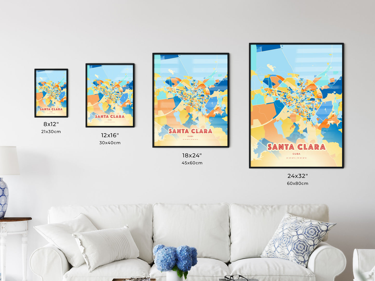 Colorful SANTA CLARA CUBA Fine Art Map Blue Orange