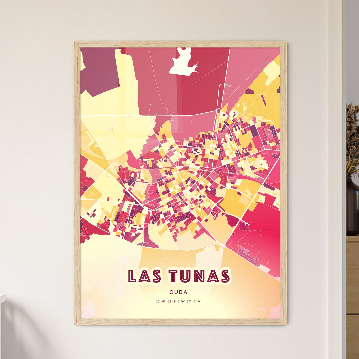 Colorful LAS TUNAS CUBA Fine Art Map Hot Red