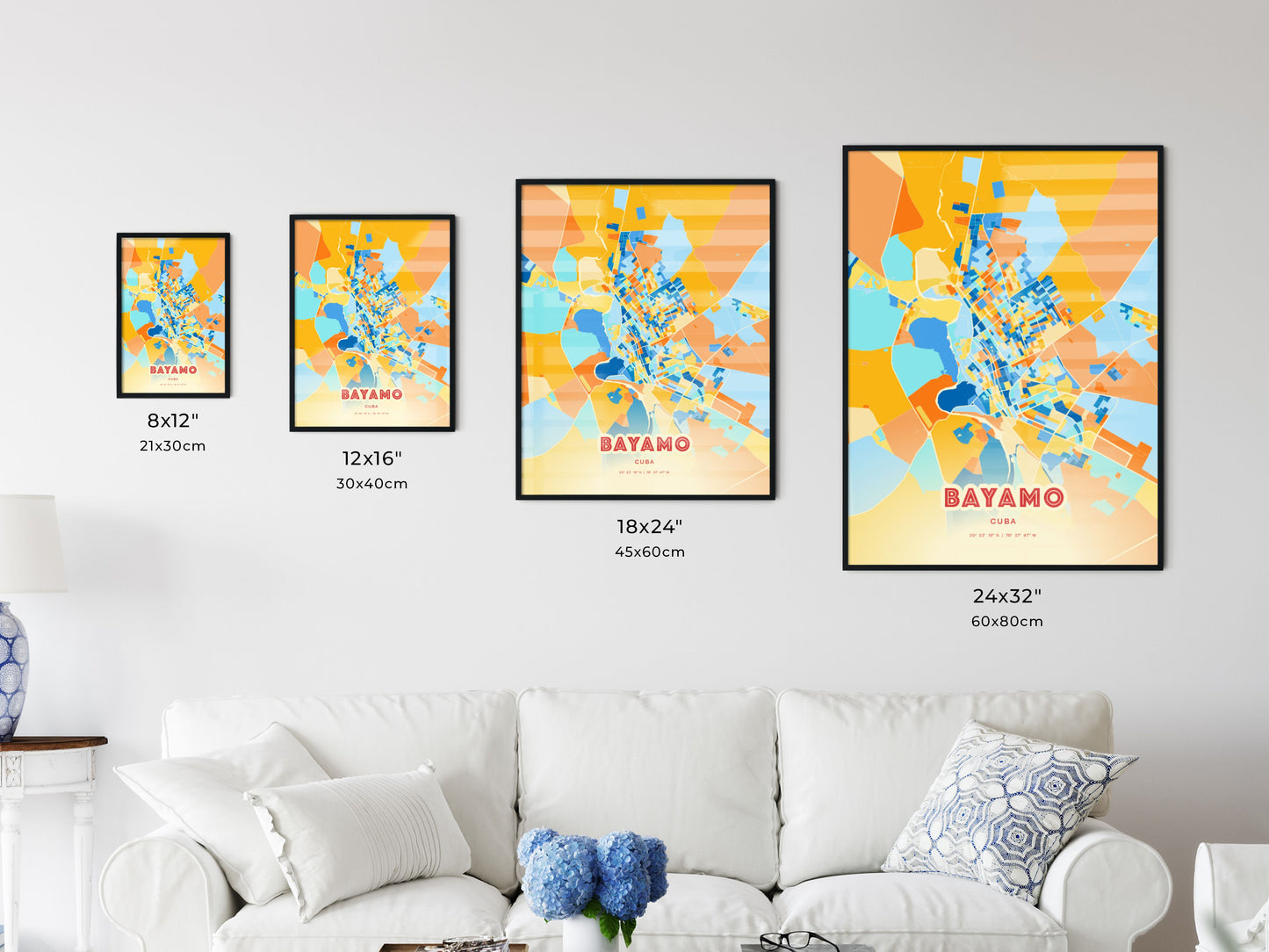 Colorful BAYAMO CUBA Fine Art Map Blue Orange