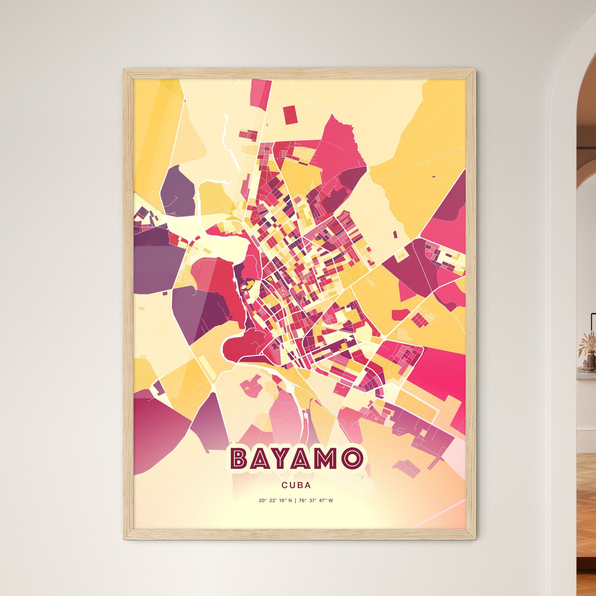 Colorful BAYAMO CUBA Fine Art Map Hot Red