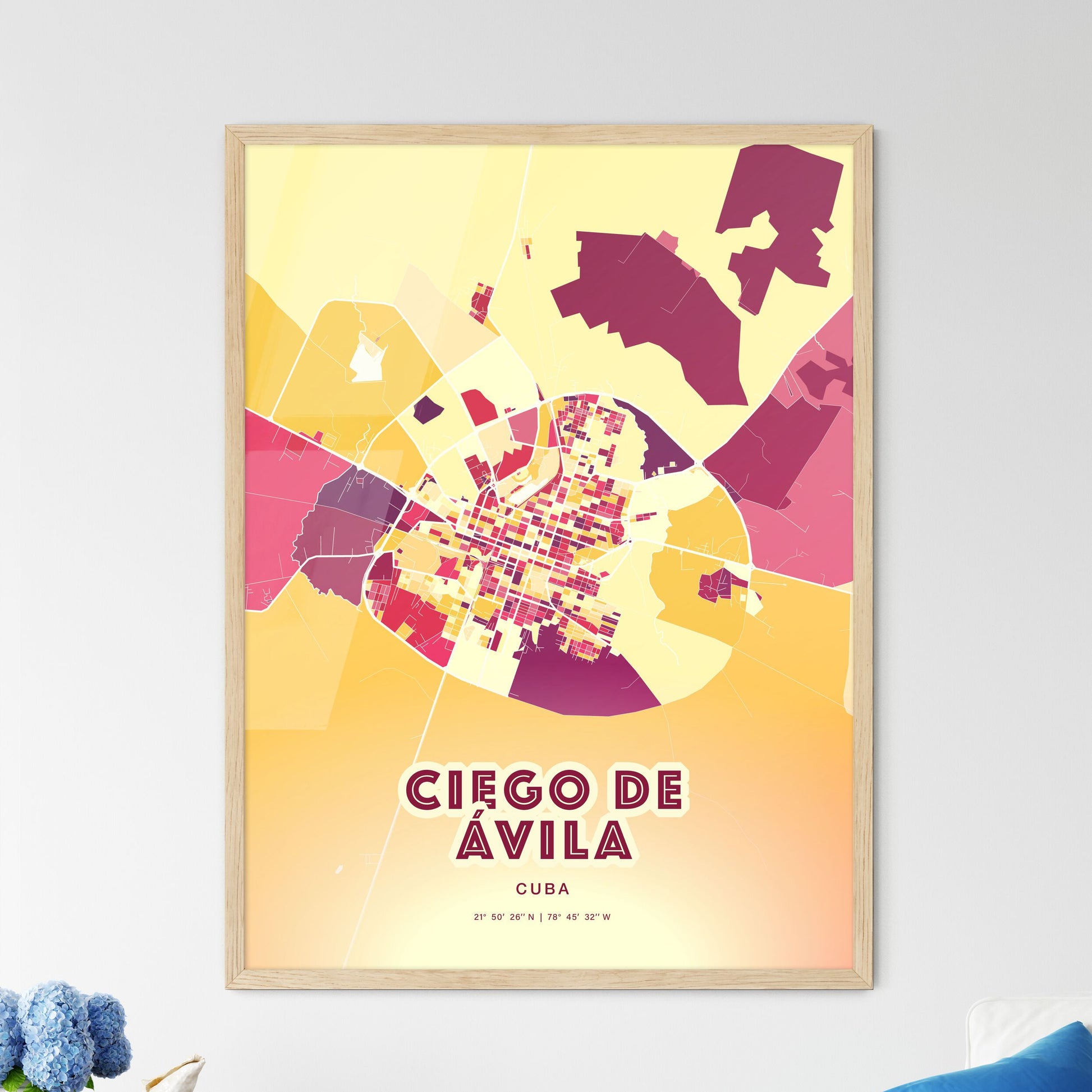 Colorful CIEGO DE ÁVILA CUBA Fine Art Map Hot Red