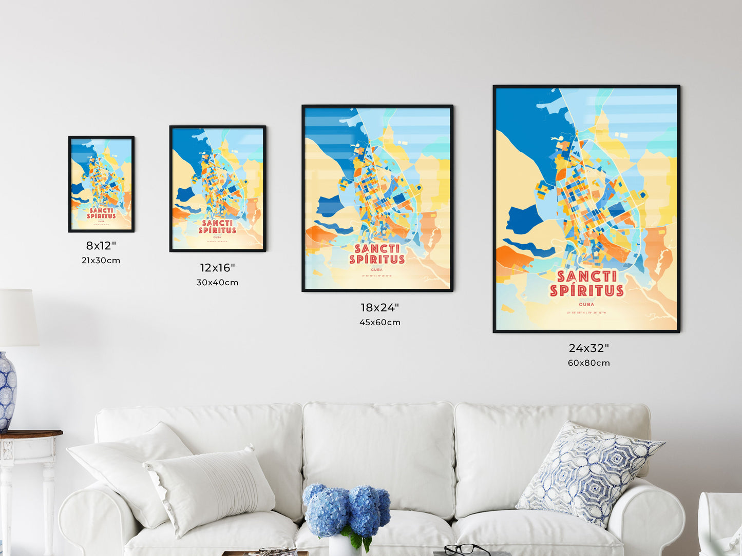 Colorful SANCTI SPÍRITUS CUBA Fine Art Map Blue Orange