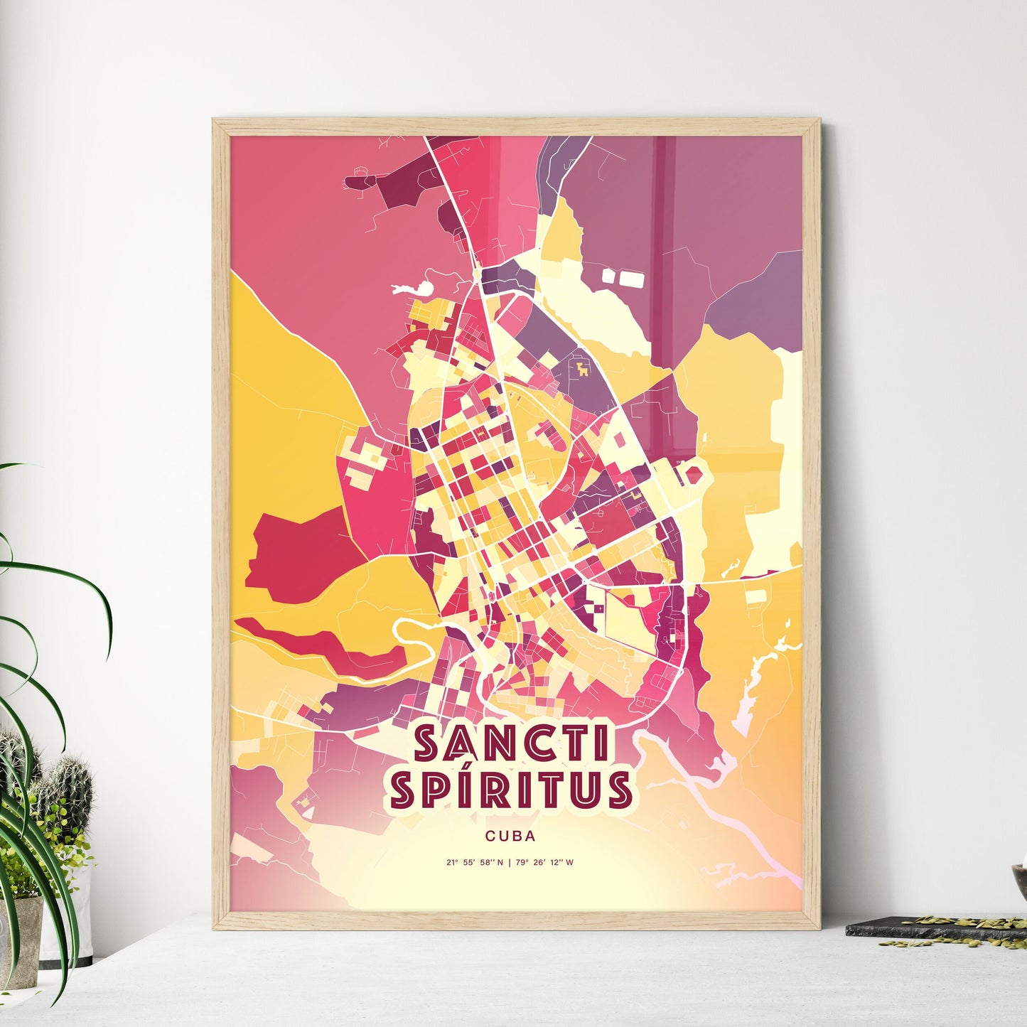 Colorful SANCTI SPÍRITUS CUBA Fine Art Map Hot Red