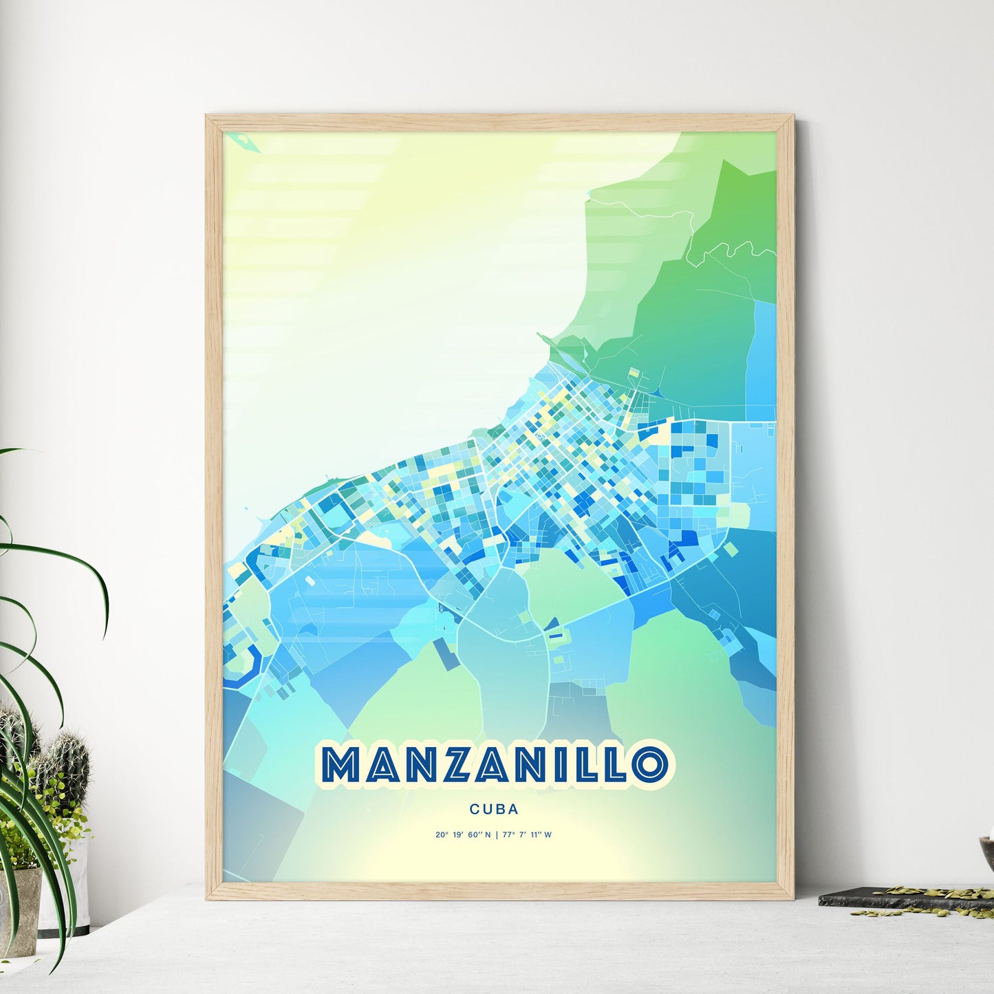 Colorful MANZANILLO CUBA Fine Art Map Cool Blue