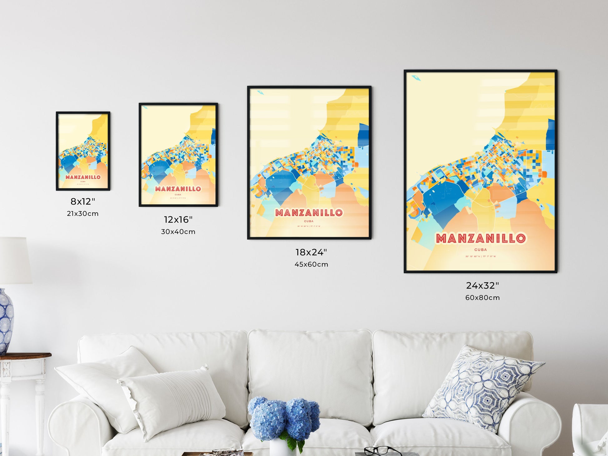 Colorful MANZANILLO CUBA Fine Art Map Blue Orange