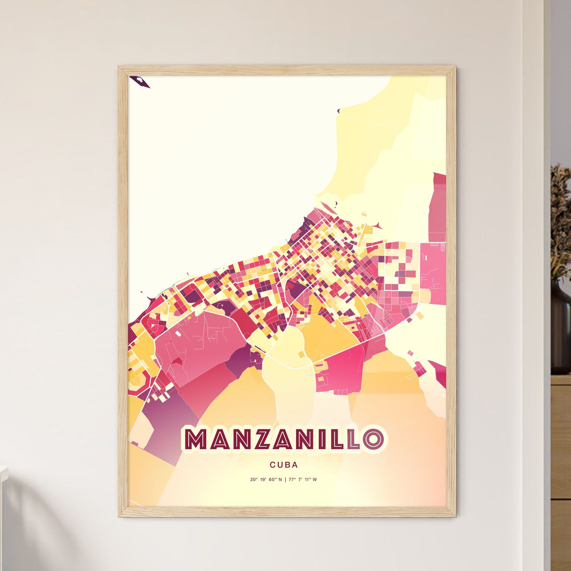 Colorful MANZANILLO CUBA Fine Art Map Hot Red