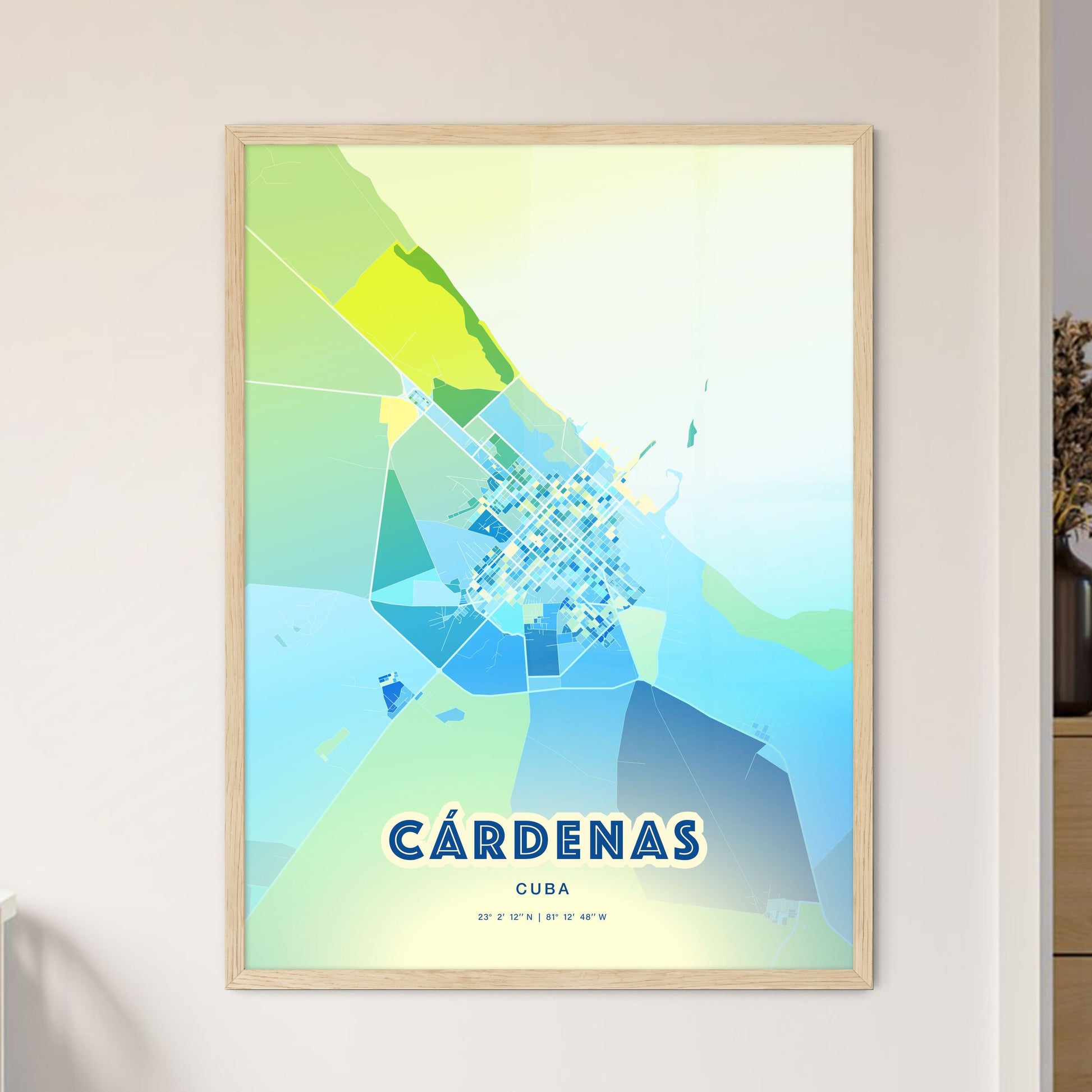 Colorful CÁRDENAS CUBA Fine Art Map Cool Blue